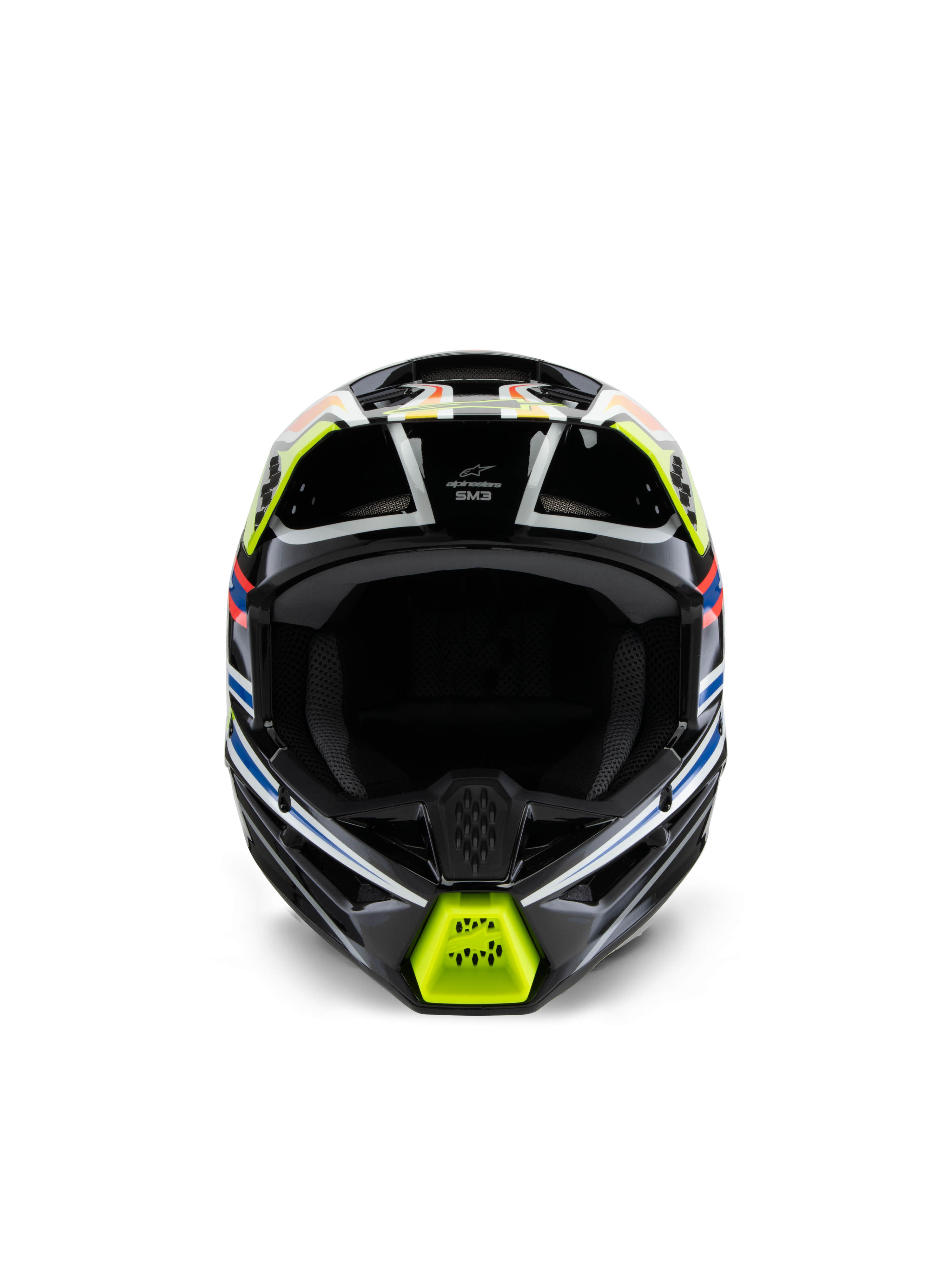Casco Alpinestars S-M3 Youth Wurx, vista frontale, nero con dettagli giallo fluo, blu e rossi, protezione motocross per ragazzi, caratterizzato da una base nera con vivaci grafiche geometriche, porte di ventilazione integrate e mentoniera gialla, stile racing fuoristrada