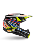 Casco Alpinestars S-M3 Youth Wurx, casco da motocross per ragazzi, nero con strisce grafiche gialle, blu, rosse e arancioni, profilo laterale con visiera aerodinamica e finitura lucida, con logo Alpinestars bianco e grafica con stella gialla