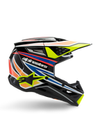 Casco Alpinestars S-M3 Youth Wurx, casco da motocross per ragazzi, nero con strisce grafiche gialle, blu, rosse e arancioni, profilo laterale con visiera aerodinamica e finitura lucida, con logo Alpinestars bianco e grafica con stella gialla