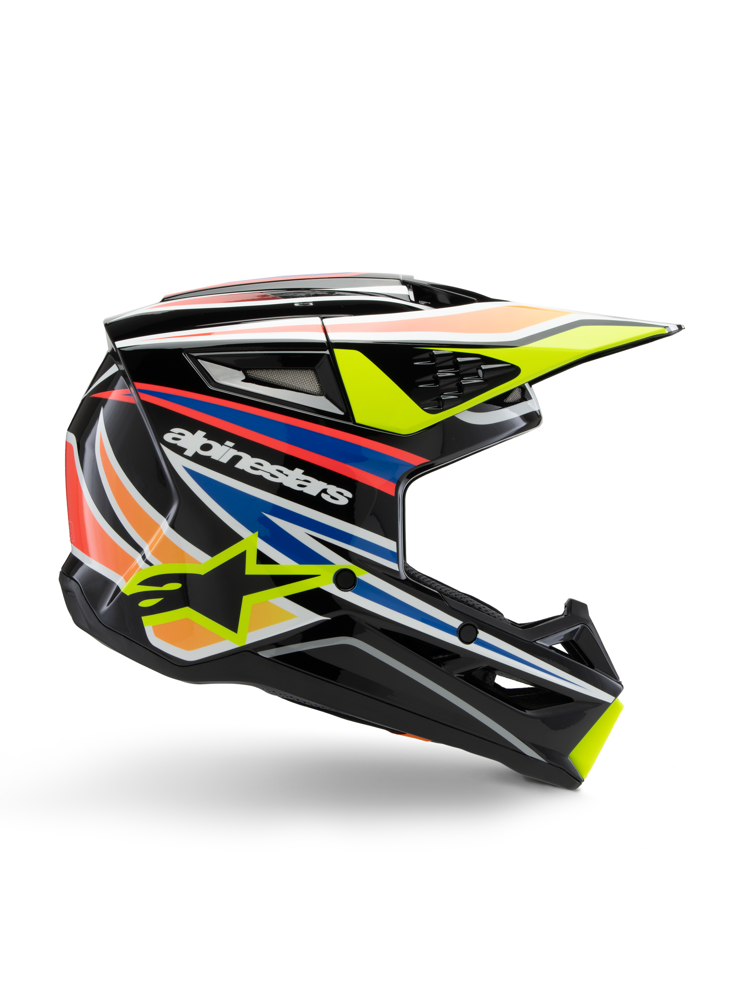 Casco Alpinestars S-M3 Youth Wurx, casco da motocross per ragazzi, nero con strisce grafiche gialle, blu, rosse e arancioni, profilo laterale con visiera aerodinamica e finitura lucida, con logo Alpinestars bianco e grafica con stella gialla