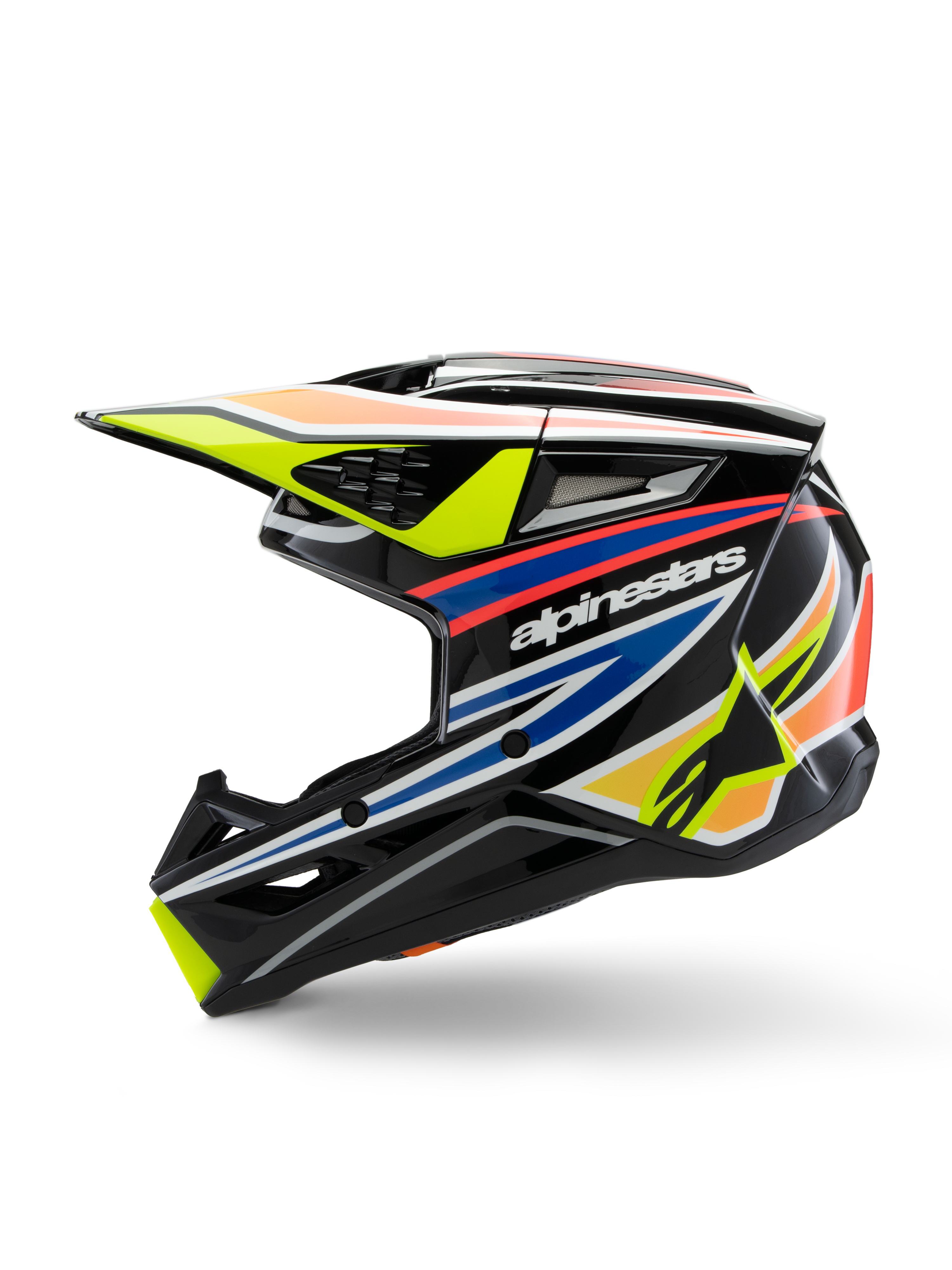 Casco Alpinestars S-M3 Youth Wurx, casco da motocross, nero con grafiche vivaci in giallo, blu e rosso, vista laterale con logo Alpinestars in evidenza, calotta aerodinamica con diverse prese d'aria e frontino giallo.