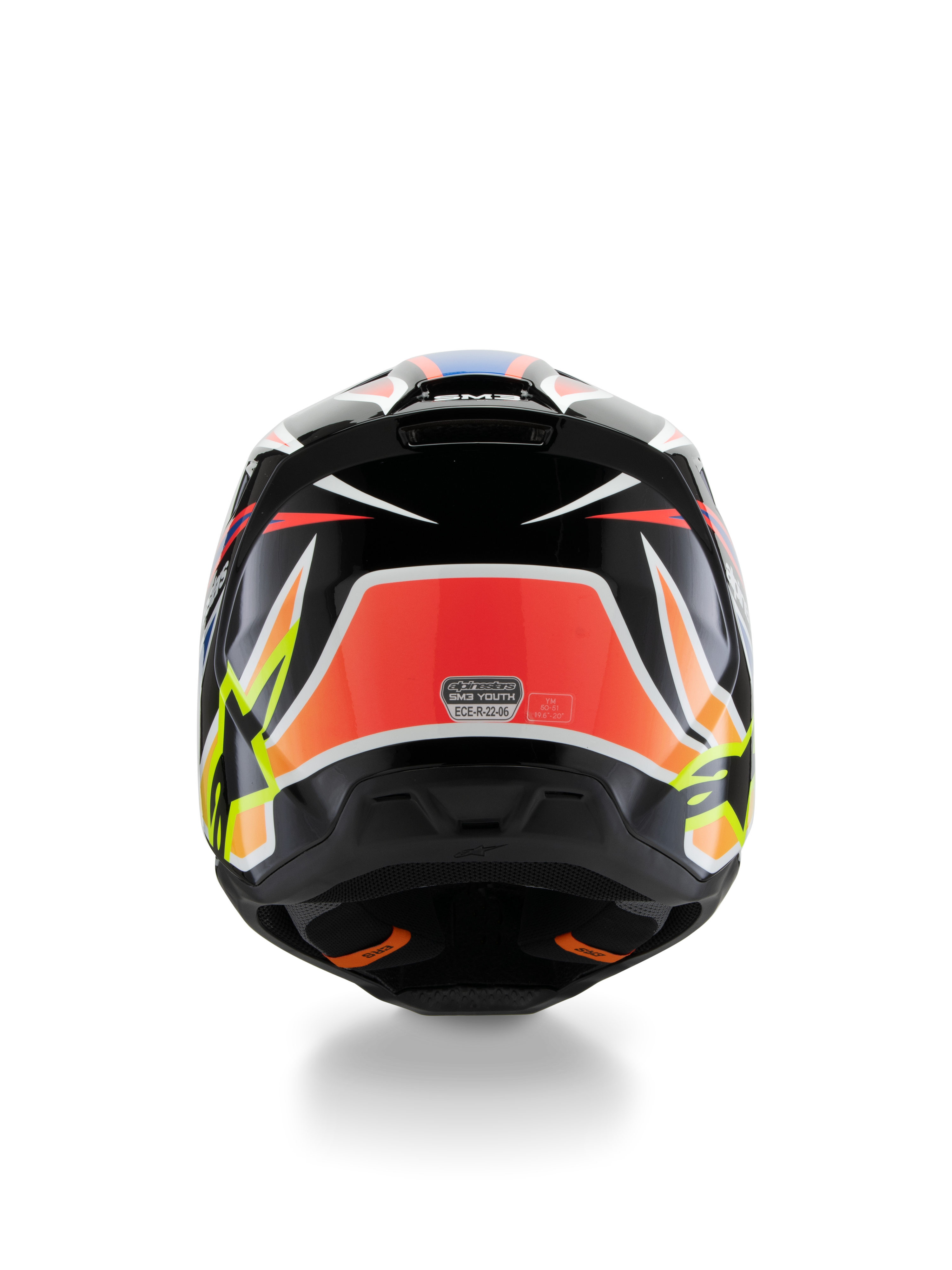 Alpinestars S-M3 Youth Wurx Helmet ECE 22.06, casco da motocross, vista posteriore, nero con grafiche rosse, giallo fluorescente e blu, con motivi angolari audaci, loghi a stella e adesivo di certificazione ECE 22.06, progettato per le corse fuoristrada dei giovani