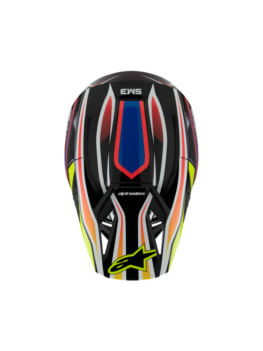 Alpinestars Casco S-M3 Youth Wurx ECE 22.06, casco da motocross, nero con grafiche vivaci rosse, blu e gialle, vista dall'alto con logo SM3 e logo Alpinestars giallo sulla visiera, equipaggiamento protettivo per fuoristrada