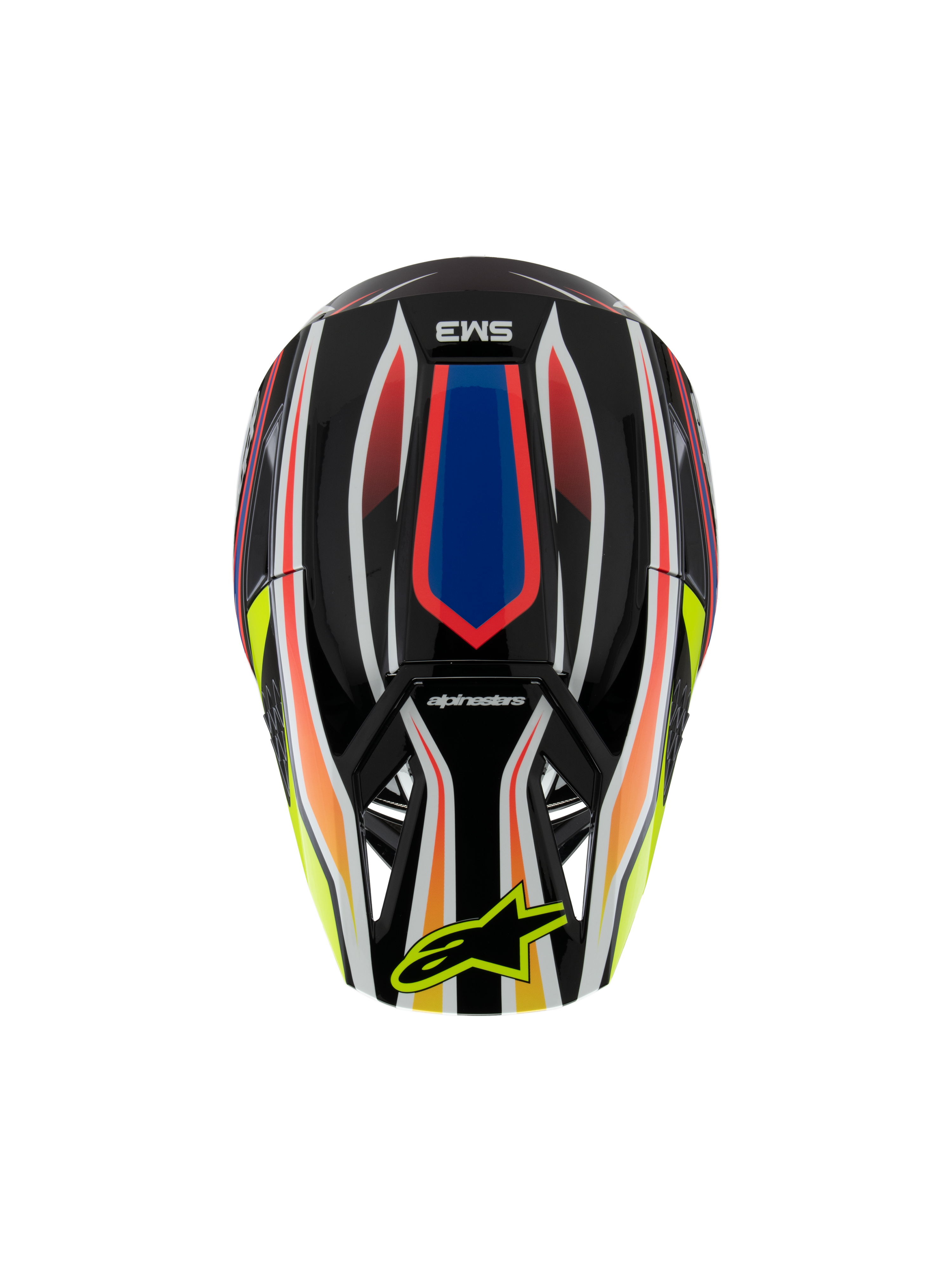 Alpinestars Casco S-M3 Youth Wurx ECE 22.06, casco da motocross, nero con grafiche vivaci rosse, blu e gialle, vista dall'alto con logo SM3 e logo Alpinestars giallo sulla visiera, equipaggiamento protettivo per fuoristrada