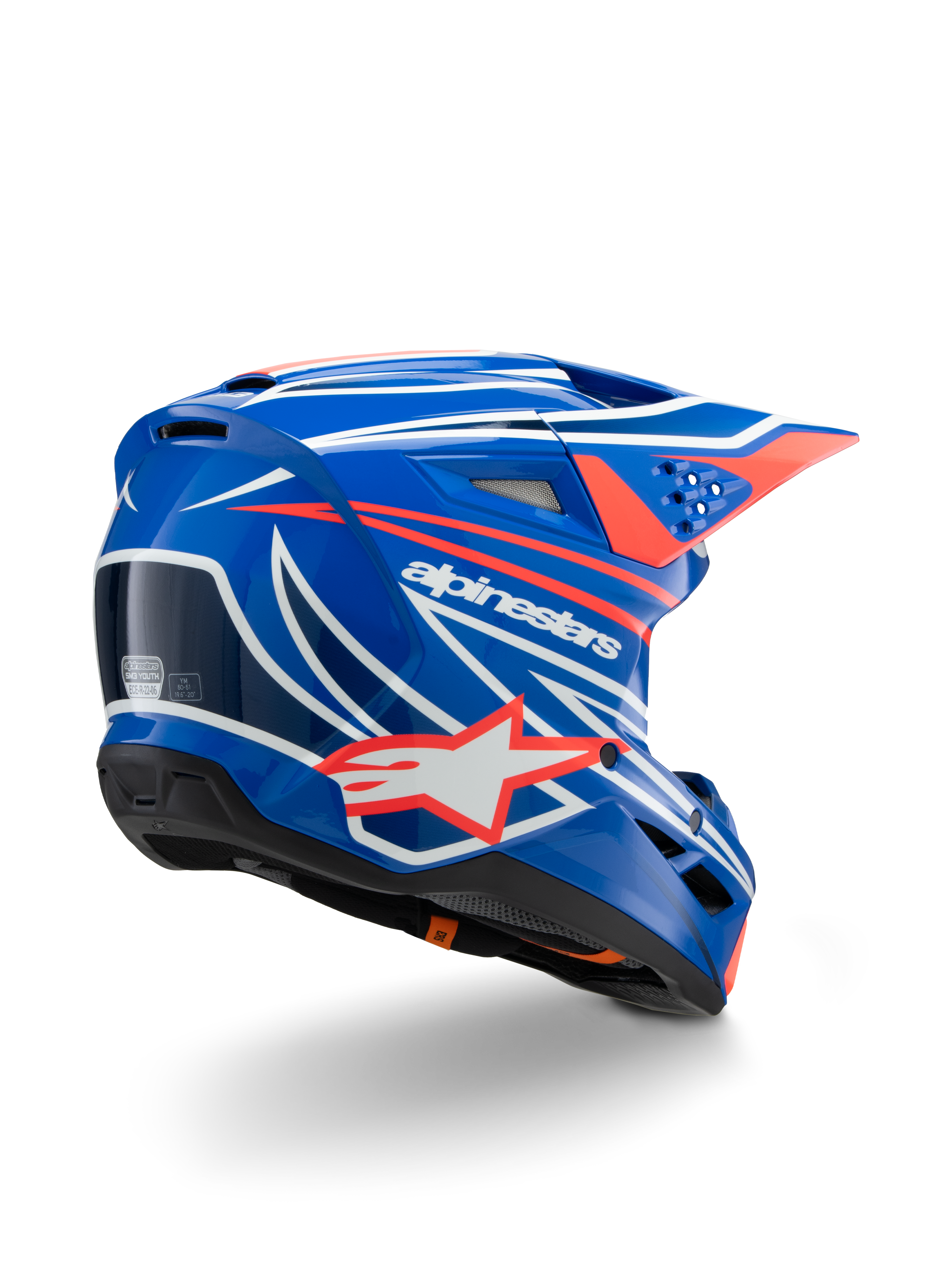 Casco Alpinestars S-M3 Youth Wurx, casco da motocross, blu lucido con grafiche rosse, bianche e nere, vista posteriore di tre quarti che mostra la calotta aerodinamica, prese d'aria e logo Alpinestars in evidenza, protezione per la testa per gare fuoristrada