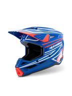 Casco Alpinestars S-M3 Youth Wurx, casco da motocross, blu lucido con grafiche rosse e bianche, design aerodinamico con visiera prominente e numerose aperture di ventilazione, progettato per le corse MX e il fuoristrada per ragazzi