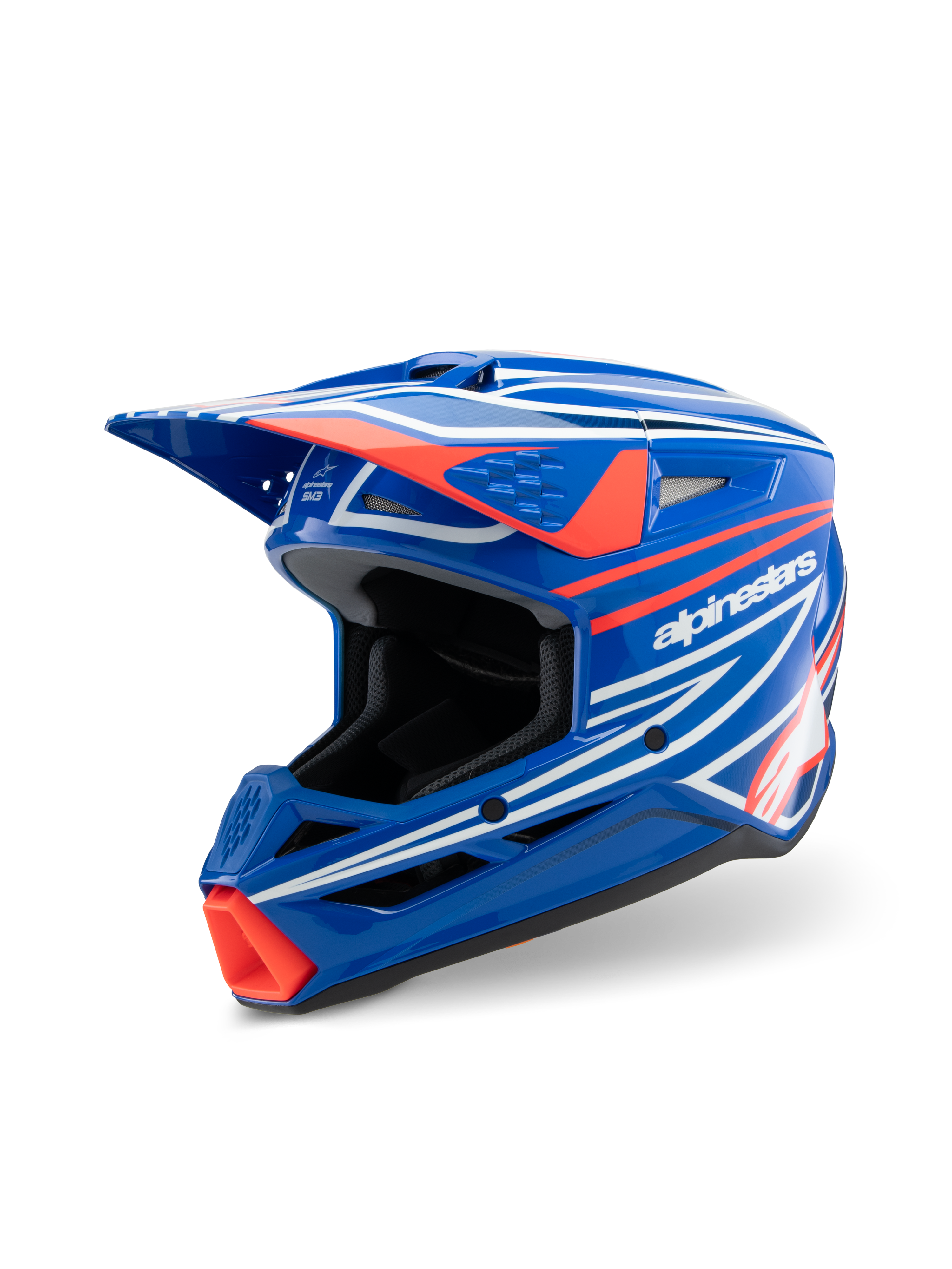 Casco Alpinestars S-M3 Youth Wurx, casco da motocross, blu lucido con grafiche rosse e bianche, design aerodinamico con visiera prominente e numerose aperture di ventilazione, progettato per le corse MX e il fuoristrada per ragazzi