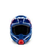 Casco Alpinestars S-M3 Youth Wurx ECE 22.06, casco da motocross, blu, rosso, bianco e nero lucido, vista frontale con calotta aerodinamica, aperture di ventilazione e presa d'aria rossa sulla mentoniera, per competizioni off-road giovanili