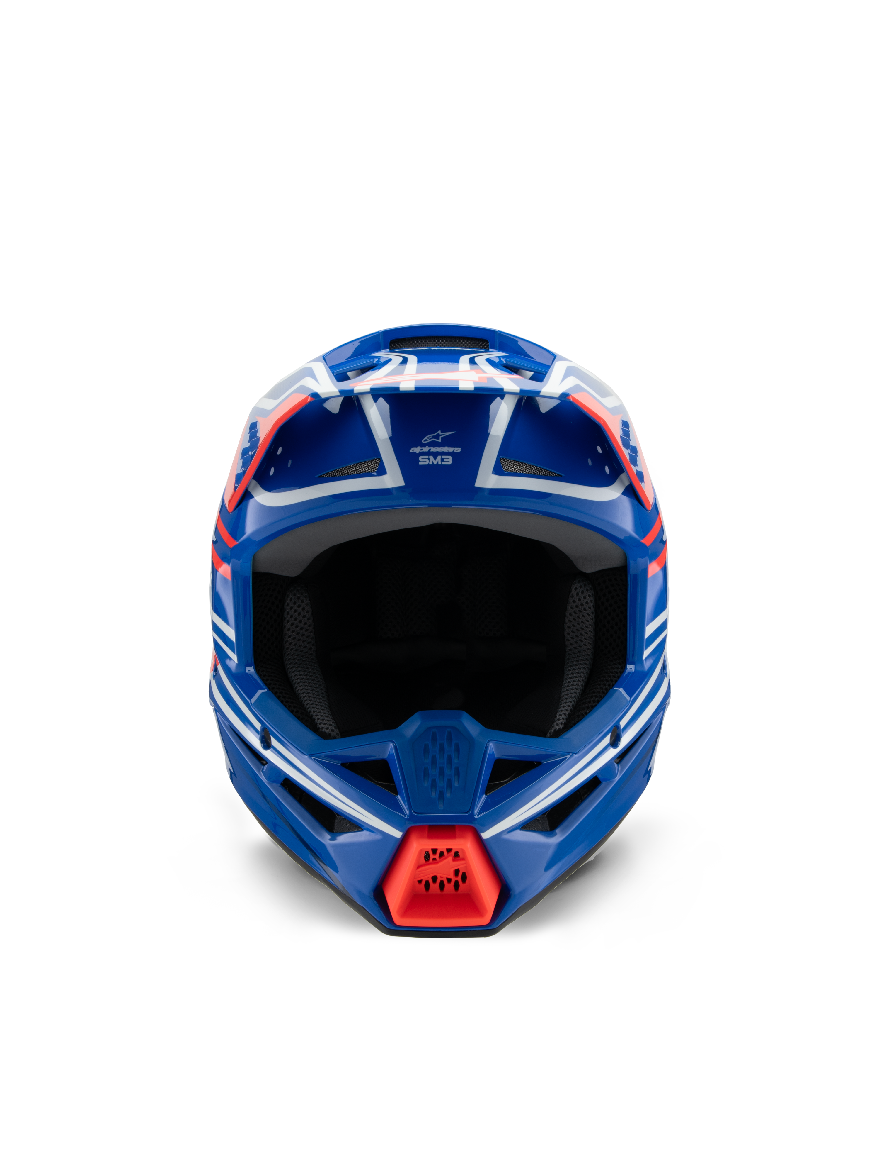 Casco Alpinestars S-M3 Youth Wurx ECE 22.06, casco da motocross, blu, rosso, bianco e nero lucido, vista frontale con calotta aerodinamica, aperture di ventilazione e presa d'aria rossa sulla mentoniera, per competizioni off-road giovanili