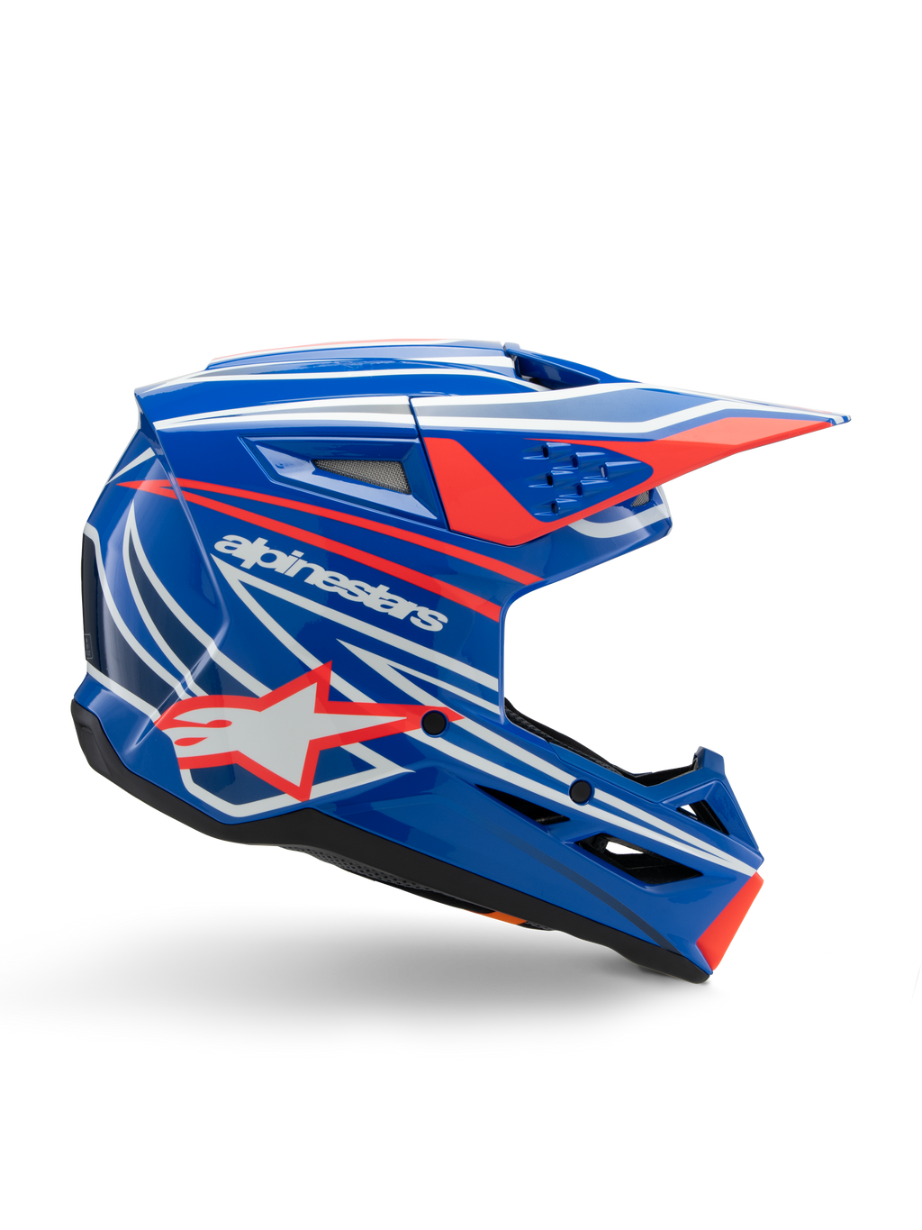 Alpinestars S-M3 Youth Wurx Helmet, casco da motocross per ragazzi, blu con grafiche rosse e bianche, profilo laterale con visiera aerodinamica, aperture di ventilazione e logo a stella, finitura lucida, certificato ECE 22.06