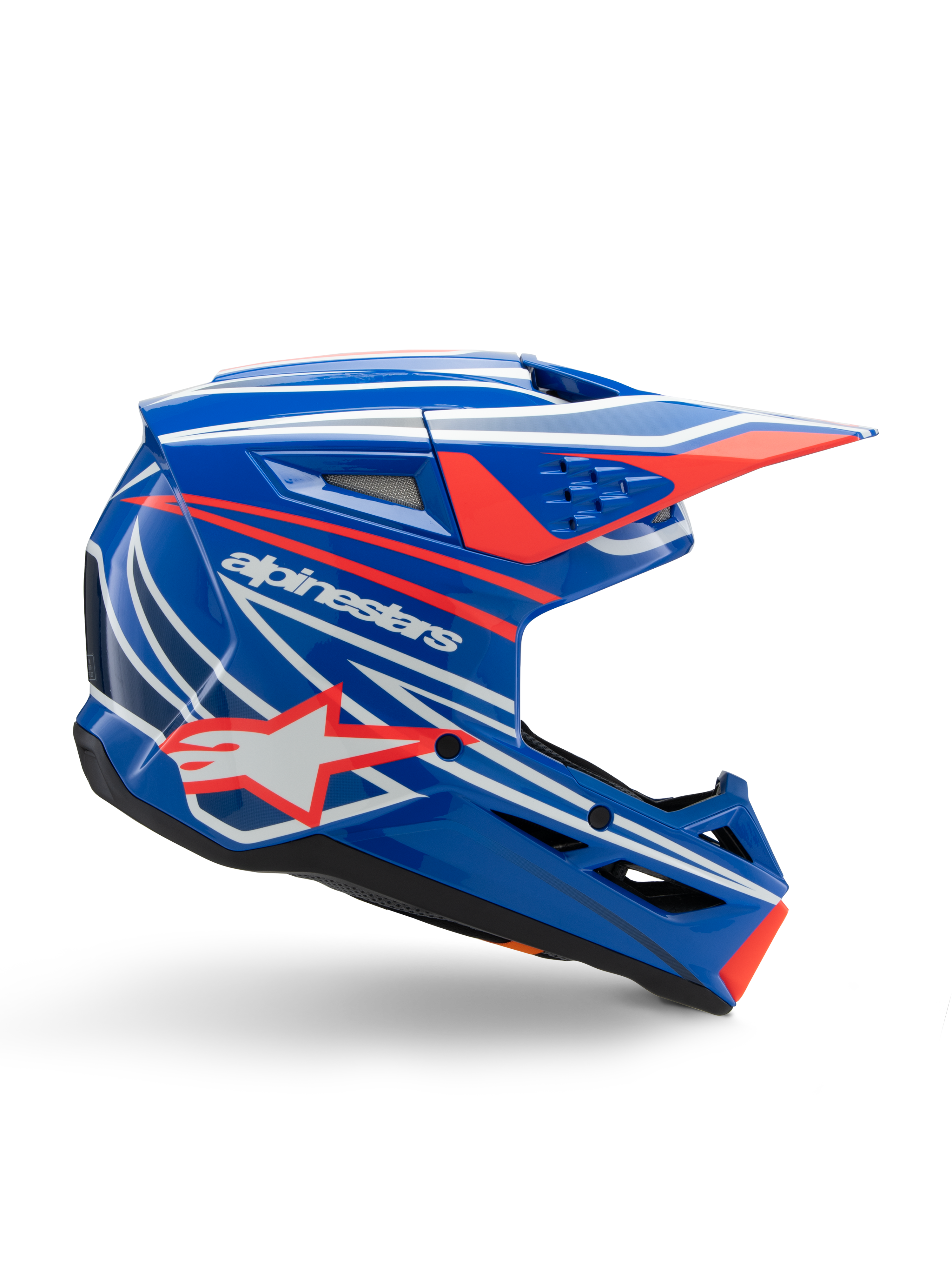 Alpinestars S-M3 Youth Wurx Helmet, casco da motocross per ragazzi, blu con grafiche rosse e bianche, profilo laterale con visiera aerodinamica, aperture di ventilazione e logo a stella, finitura lucida, certificato ECE 22.06