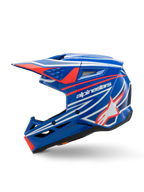 Casco Alpinestars S-M3 Youth Wurx, casco da motocross, blu rosso bianco e nero lucido, caratterizzato da grafiche vivaci con logo Alpinestars e stella, vista laterale con prese d'aria aerodinamiche e visiera integrata, equipaggiamento da gara fuoristrada