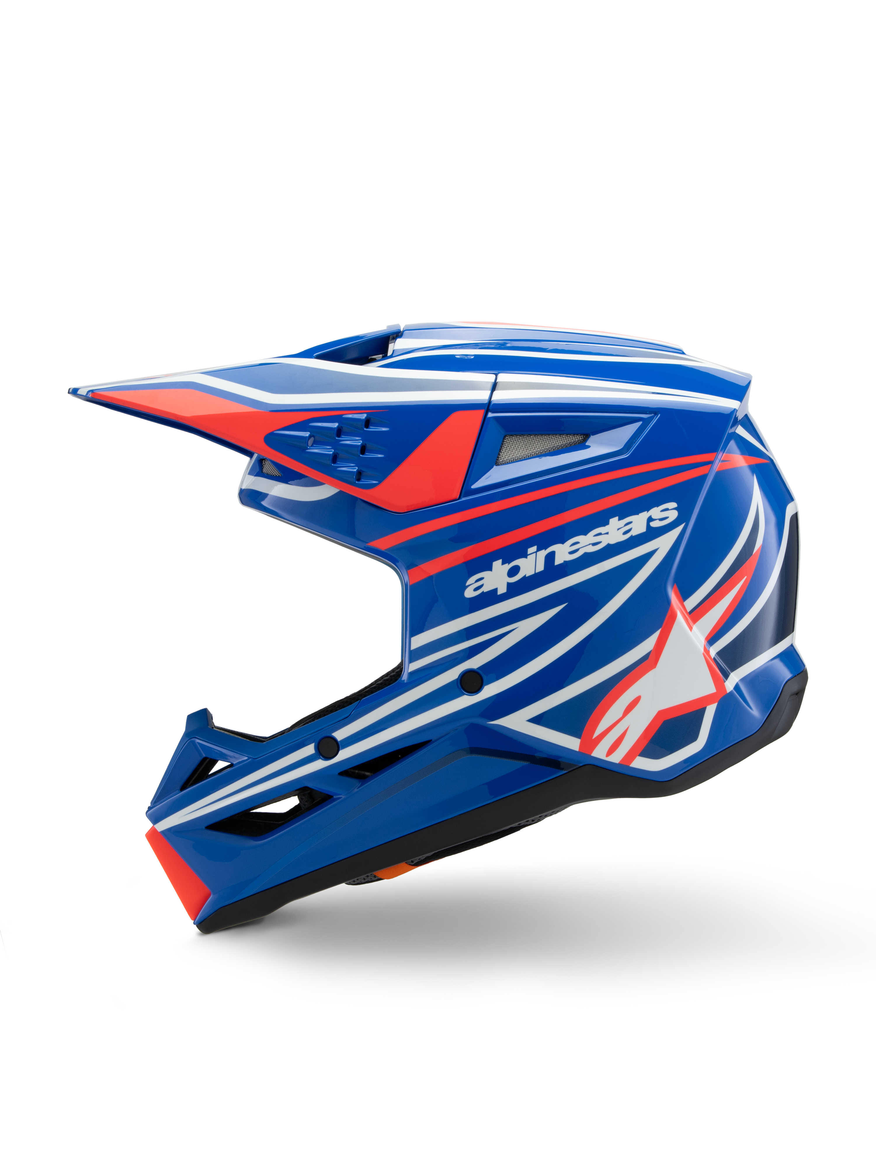 Casco Alpinestars S-M3 Youth Wurx, casco da motocross, blu rosso bianco e nero lucido, caratterizzato da grafiche vivaci con logo Alpinestars e stella, vista laterale con prese d'aria aerodinamiche e visiera integrata, equipaggiamento da gara fuoristrada