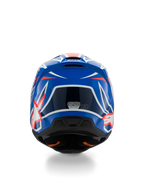 Alpinestars S-M3 Youth Wurx Helmet ECE 22.06, casco da motocross, blu, rosso e bianco, vista posteriore che mostra il design aerodinamico con bocchette di scarico, finitura lucida con accenti grafici nitidi e adesivo di certificazione di sicurezza.