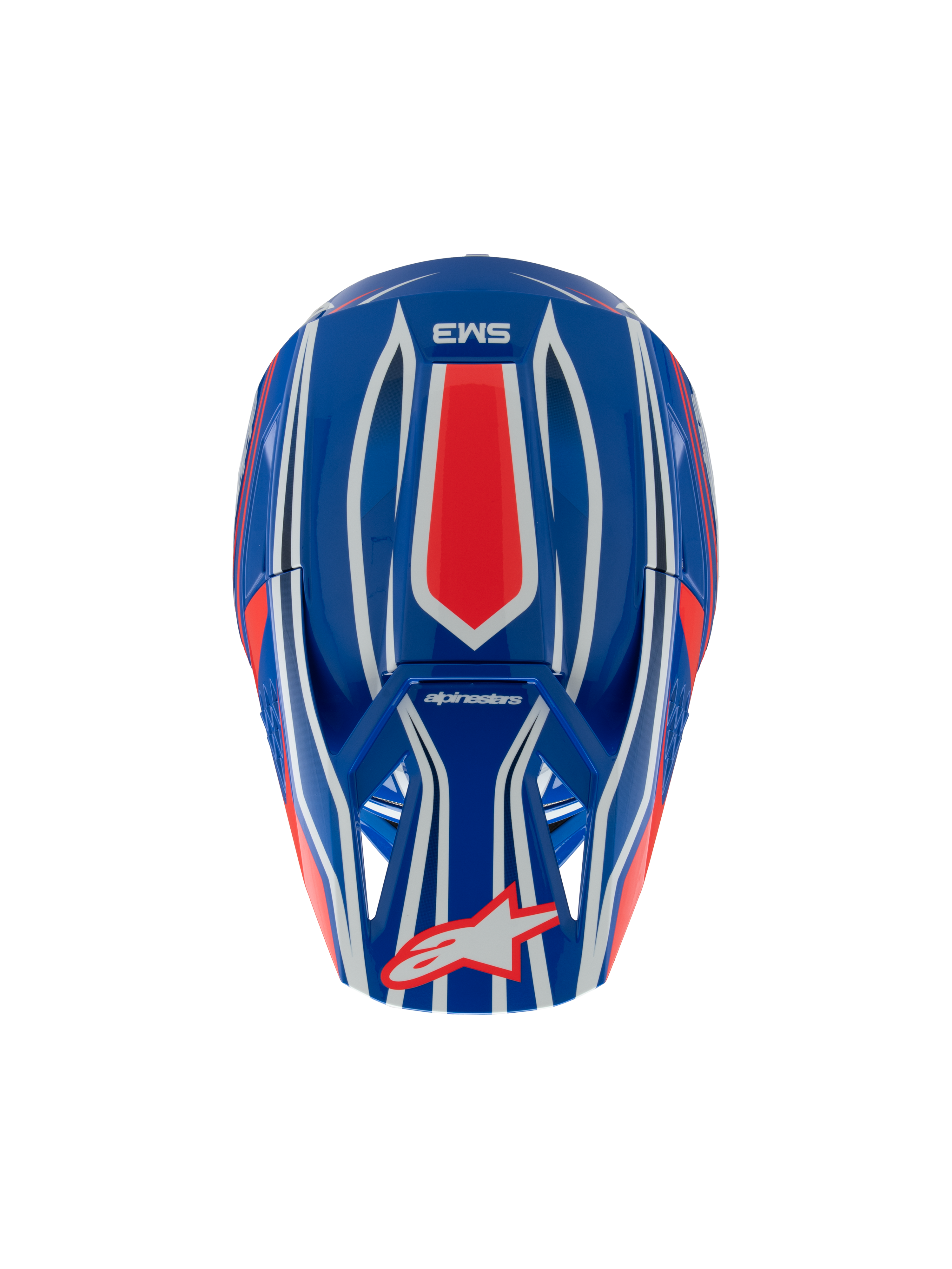 Casco Alpinestars S-M3 Youth Wurx, casco da motocross, blu, rosso, bianco e nero lucido, vista dall'alto che mostra motivi grafici rossi e bianchi, logo Alpinestars sulla visiera, protezione per la testa specializzata per il fuoristrada per ragazzi.