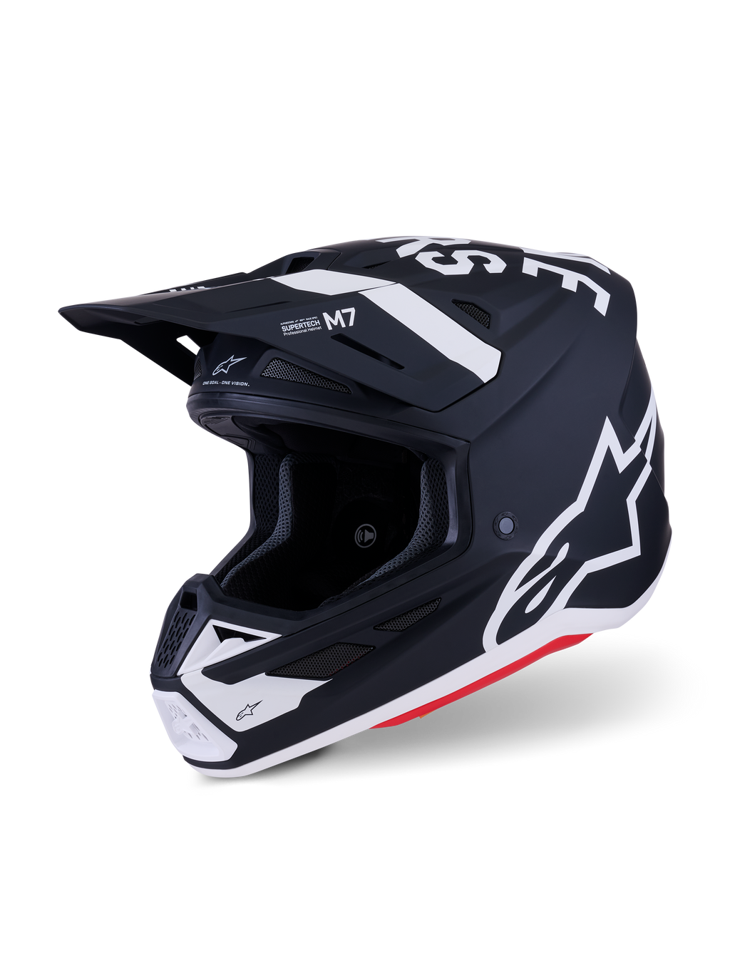 Casco Alpinestars S-M7 Dasher, casco da motocross, nero e bianco opaco con accenti rossi, con loghi e grafiche Alpinestars bianche, calotta aerodinamica in composito con fori di ventilazione integrati e visiera protettiva.