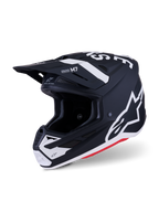 Casco Alpinestars S-M7 Dasher, casco da motocross, nero e bianco opaco con accenti rossi, con loghi e grafiche Alpinestars bianche, calotta aerodinamica in composito con fori di ventilazione integrati e visiera protettiva.
