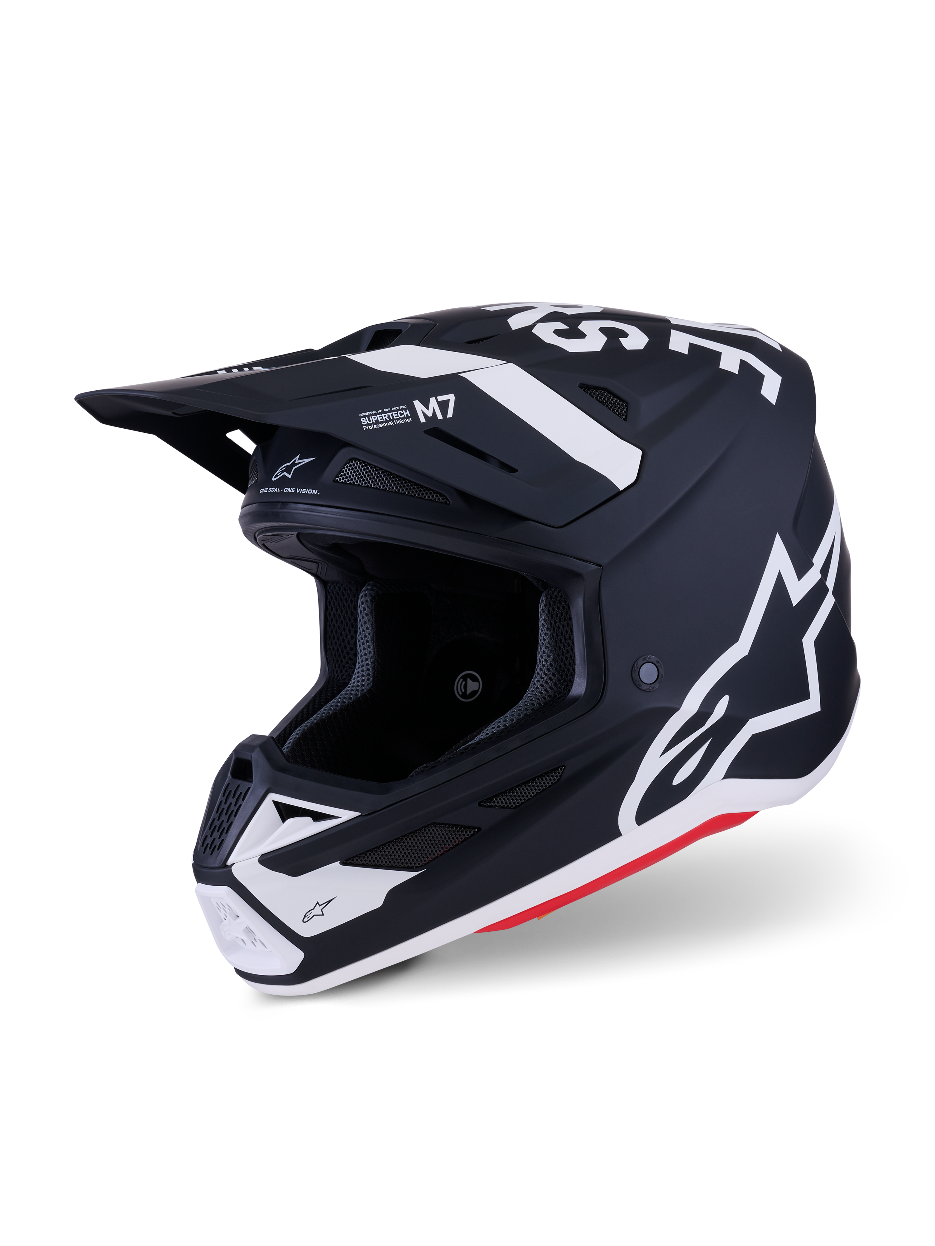 Casco Alpinestars S-M7 Dasher, casco da motocross, nero e bianco opaco con accenti rossi, con loghi e grafiche Alpinestars bianche, calotta aerodinamica in composito con fori di ventilazione integrati e visiera protettiva.