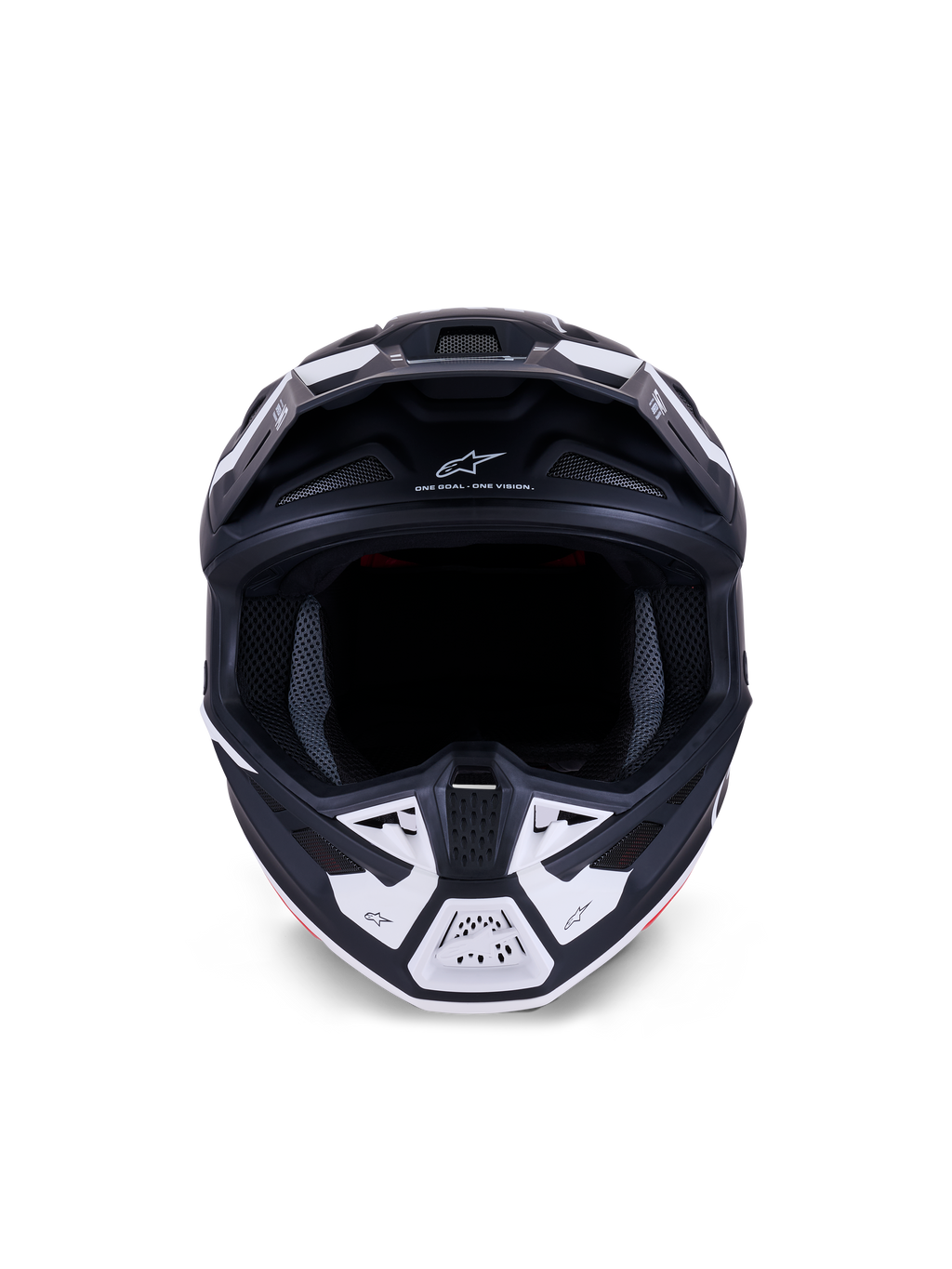 Casco Alpinestars S-M7 Dasher ECE 22.06, casco da motocross, nero opaco e bianco, vista frontale con prese d'aria e grafiche geometriche, presenta la scritta "ONE GOAL - ONE VISION", protezione professionale per competizioni fuoristrada