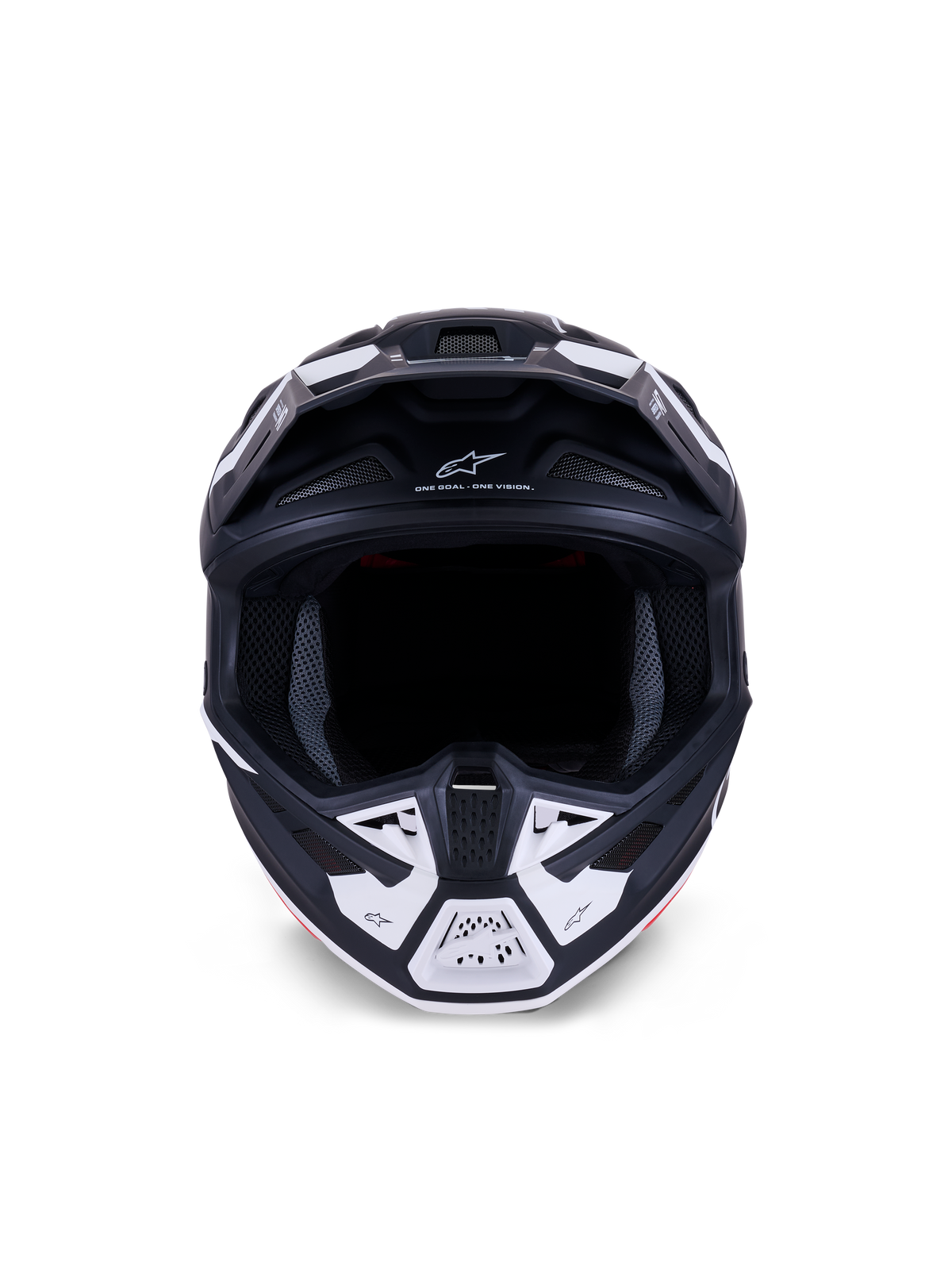 Casco Alpinestars S-M7 Dasher ECE 22.06, casco da motocross, nero opaco e bianco, vista frontale con prese d'aria e grafiche geometriche, presenta la scritta "ONE GOAL - ONE VISION", protezione professionale per competizioni fuoristrada