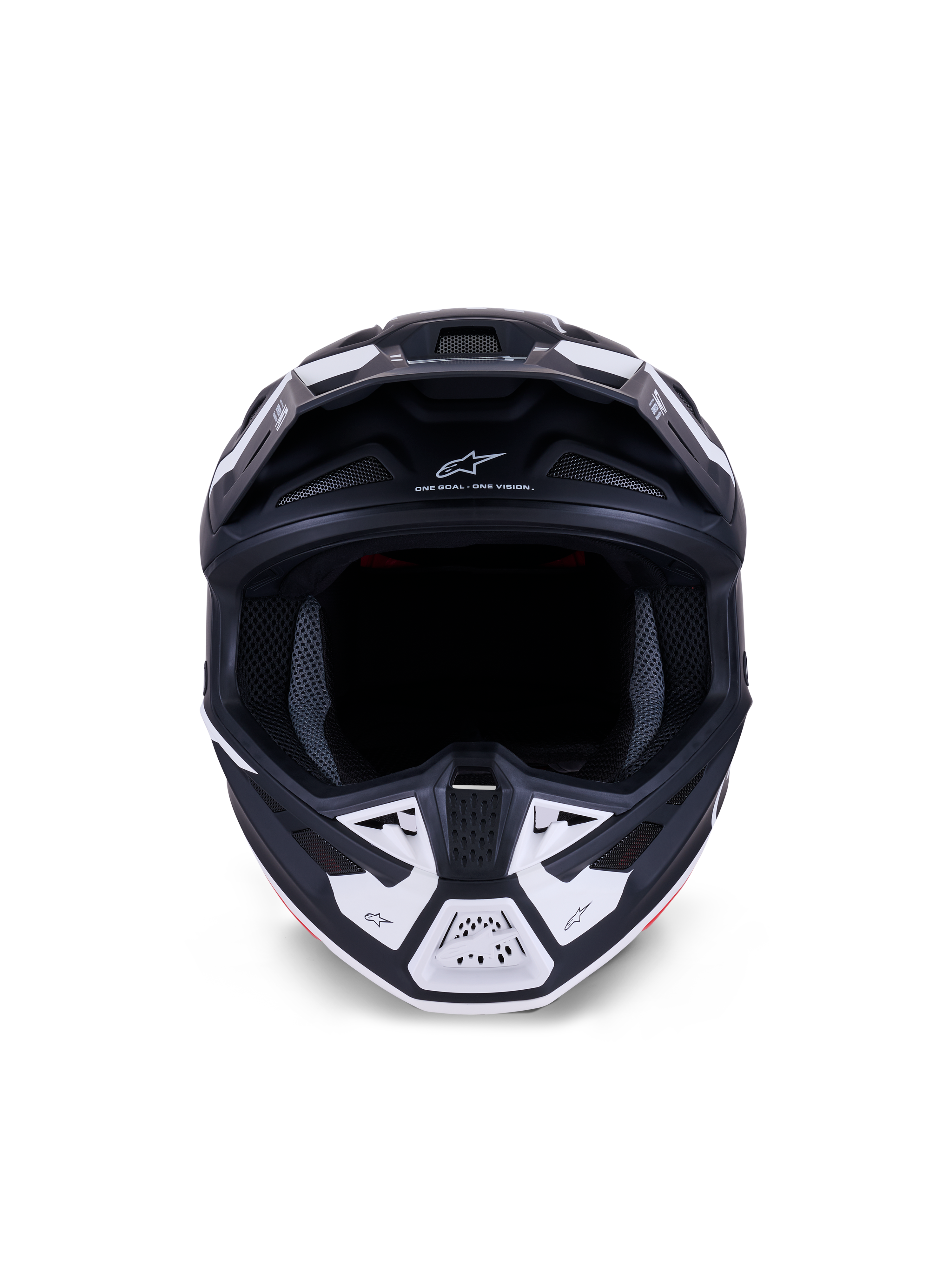 Casco Alpinestars S-M7 Dasher ECE 22.06, casco da motocross, nero opaco e bianco, vista frontale con prese d'aria e grafiche geometriche, presenta la scritta "ONE GOAL - ONE VISION", protezione professionale per competizioni fuoristrada