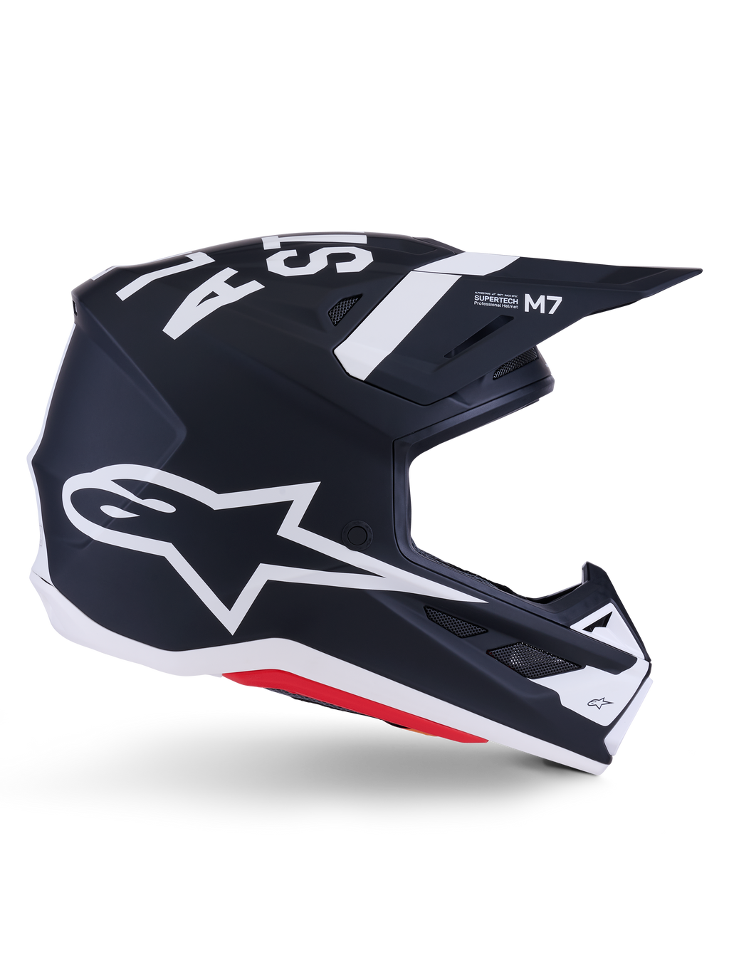 Casco Alpinestars S-M7 Dasher, casco da motocross, nero e bianco opaco con dettagli rossi, caratterizzato da un grande logo a stella Alpinestars bianco sul lato, visiera aerodinamica e prese d'aria, finitura opaca, certificato ECE 22.06 per gare fuoristrada