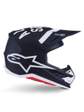 Casco Alpinestars S-M7 Dasher, casco da motocross, nero e bianco opaco con dettagli rossi, caratterizzato da un grande logo a stella Alpinestars bianco sul lato, visiera aerodinamica e prese d'aria, finitura opaca, certificato ECE 22.06 per gare fuoristrada