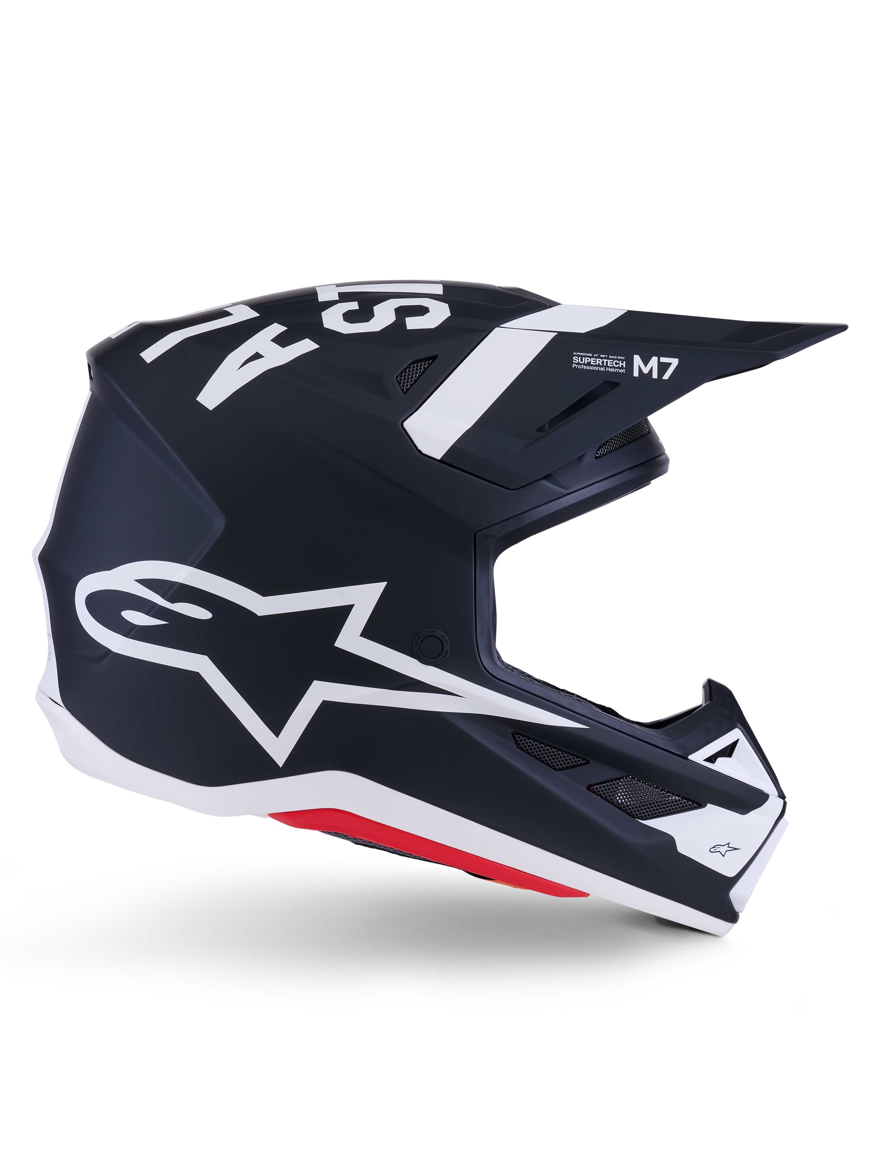 Casco Alpinestars S-M7 Dasher, casco da motocross, nero e bianco opaco con dettagli rossi, caratterizzato da un grande logo a stella Alpinestars bianco sul lato, visiera aerodinamica e prese d'aria, finitura opaca, certificato ECE 22.06 per gare fuoristrada