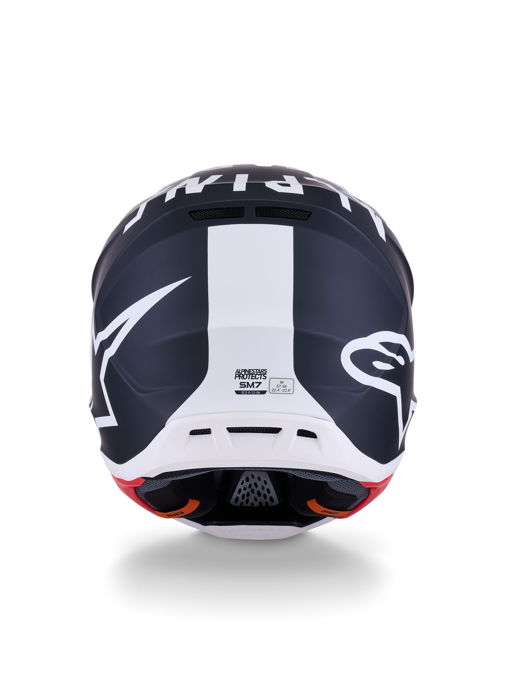 Casco Alpinestars S-M7 Dasher, casco da motocross, nero opaco e bianco con accenti rossi, vista posteriore con prominente logo a stella e striscia bianca centrale, design aerodinamico per competizioni off-road