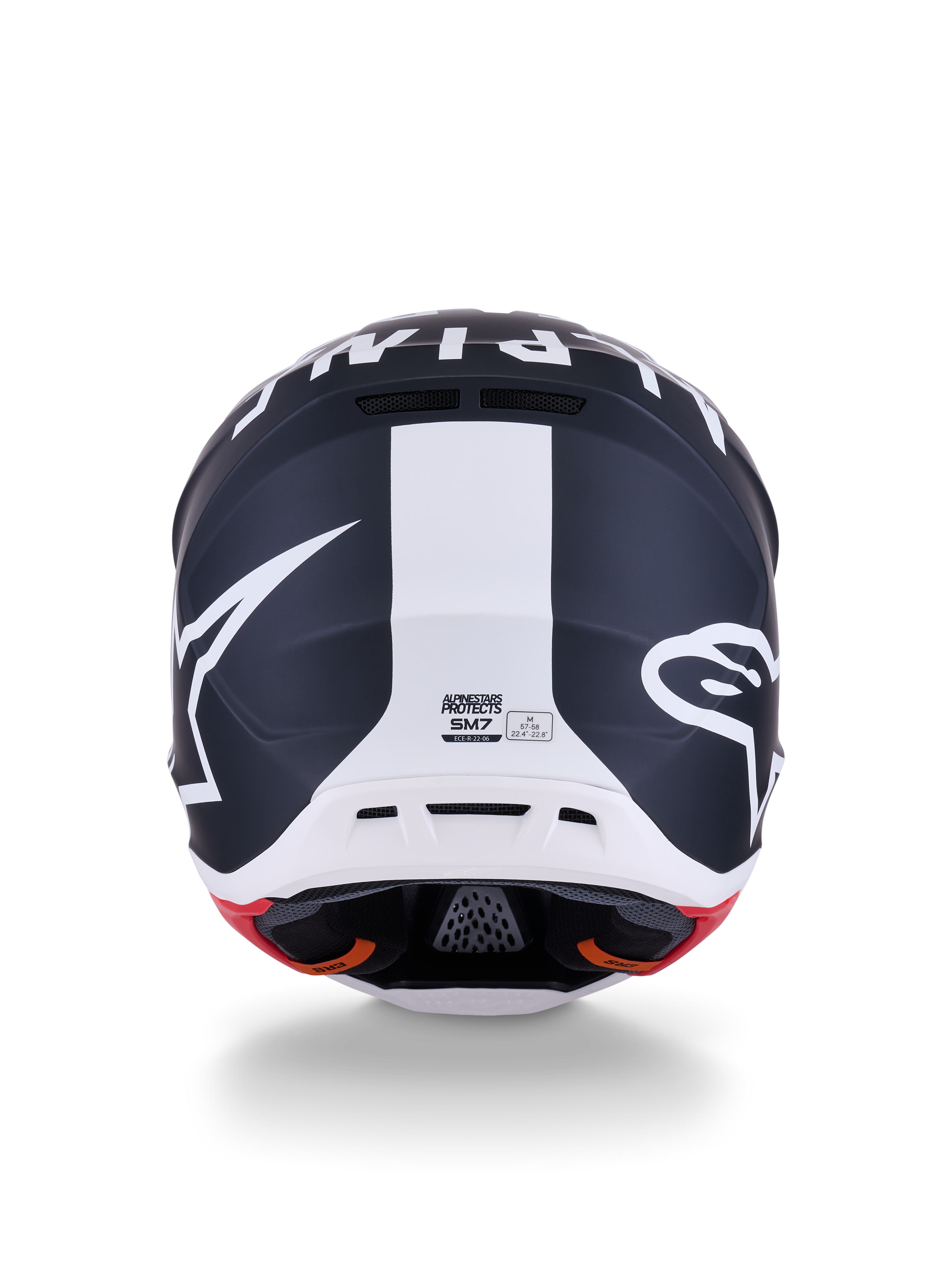 Casco Alpinestars S-M7 Dasher, casco da motocross, nero opaco e bianco con accenti rossi, vista posteriore con prominente logo a stella e striscia bianca centrale, design aerodinamico per competizioni off-road