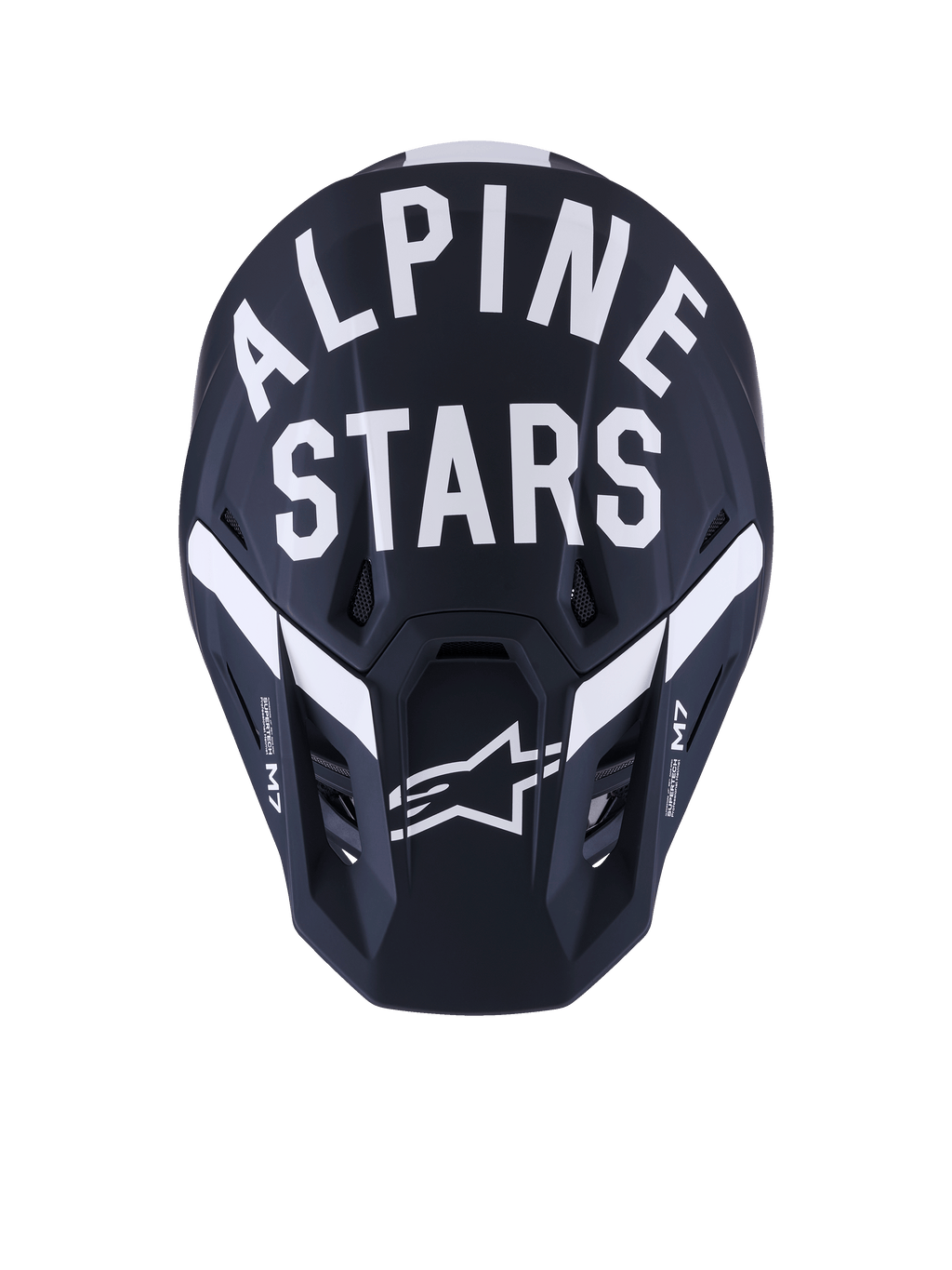 Alpinestars S-M7 Dasher Helmet, casco da motocross, nero e bianco opaco, vista frontale con testo Alpinestars bianco e logo a stella, calotta in composito con finitura opaca e prese di ventilazione, equipaggiamento professionale per corse off-road