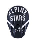 Alpinestars S-M7 Dasher Helmet, casco da motocross, nero e bianco opaco, vista frontale con testo Alpinestars bianco e logo a stella, calotta in composito con finitura opaca e prese di ventilazione, equipaggiamento professionale per corse off-road