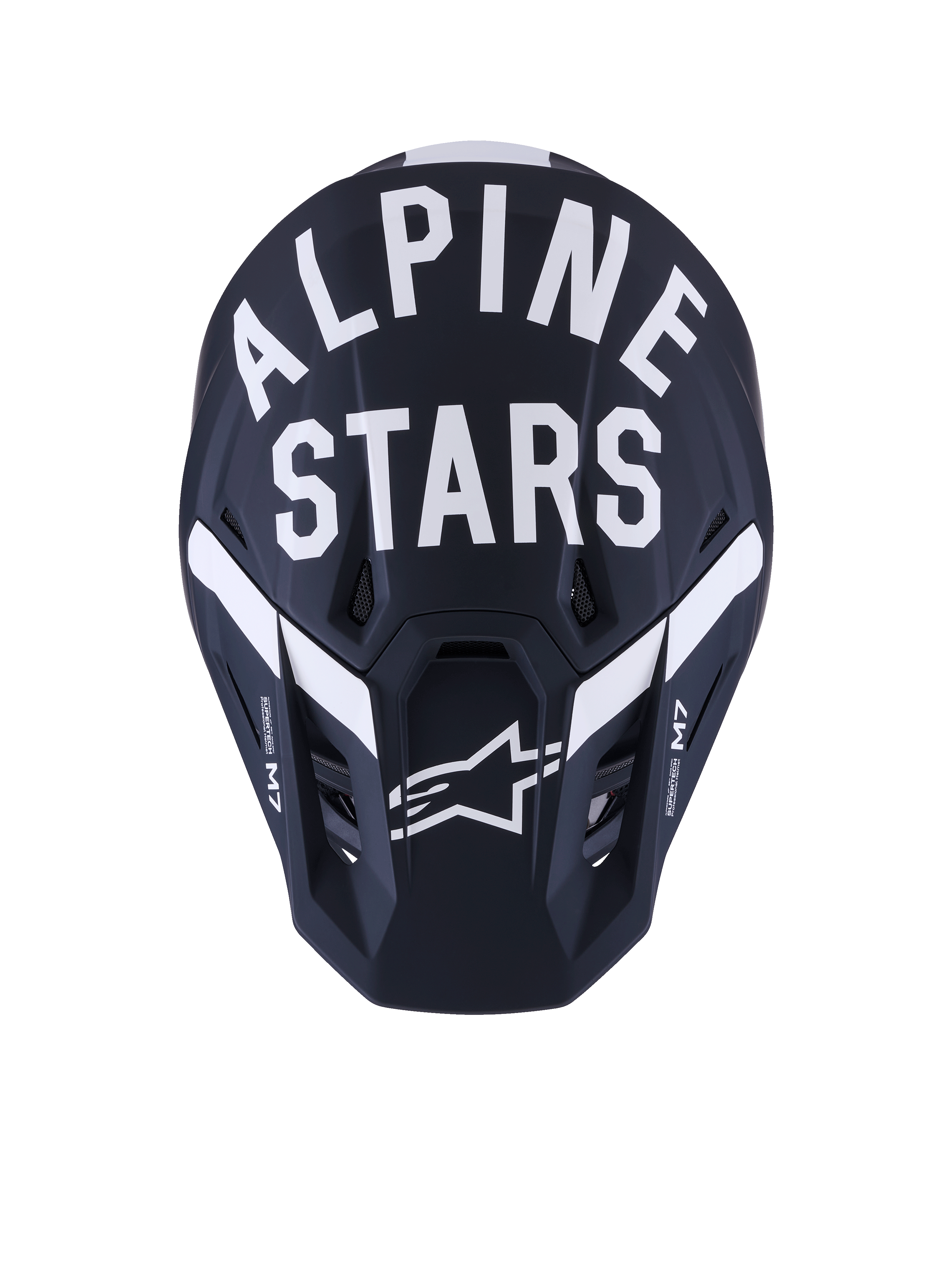 Alpinestars S-M7 Dasher Helmet, casco da motocross, nero e bianco opaco, vista frontale con testo Alpinestars bianco e logo a stella, calotta in composito con finitura opaca e prese di ventilazione, equipaggiamento professionale per corse off-road