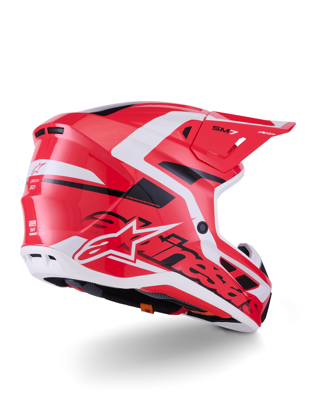 Casco Alpinestars S-M7 Deed, casco da motocross, rosso, nero e bianco lucido, con calotta aerodinamica, prese d'aria e logo Alpinestars in evidenza, vista posteriore di tre quarti