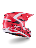 Casco Alpinestars S-M7 Deed, casco da motocross, rosso, nero e bianco lucido, con calotta aerodinamica, prese d'aria e logo Alpinestars in evidenza, vista posteriore di tre quarti