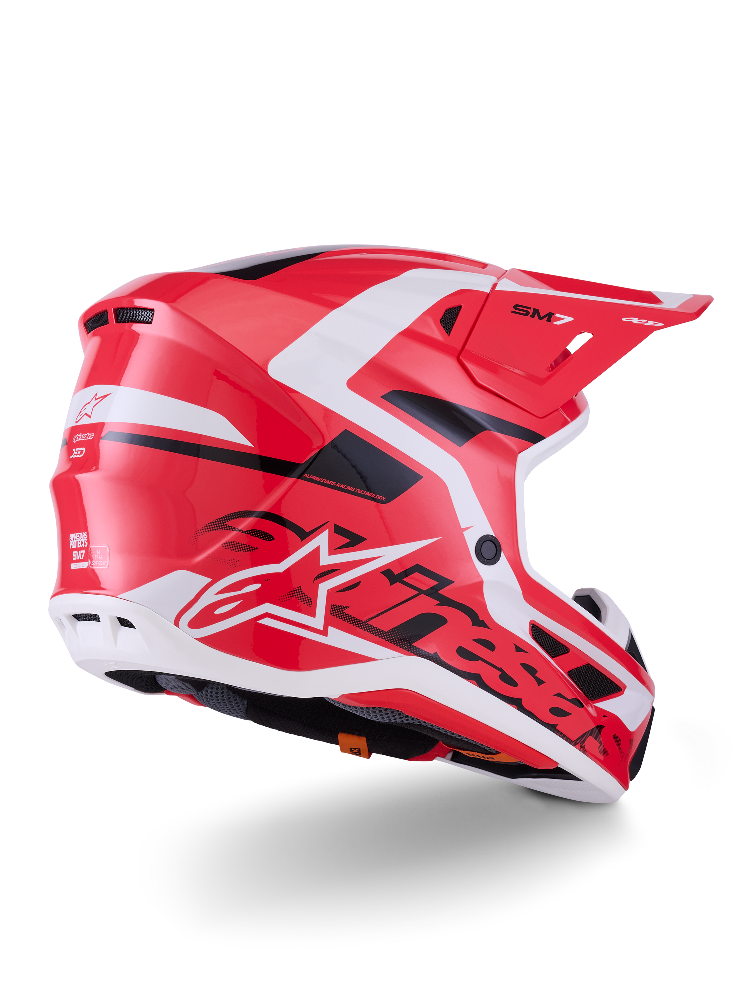 Casco Alpinestars S-M7 Deed, casco da motocross, rosso, nero e bianco lucido, con calotta aerodinamica, prese d'aria e logo Alpinestars in evidenza, vista posteriore di tre quarti
