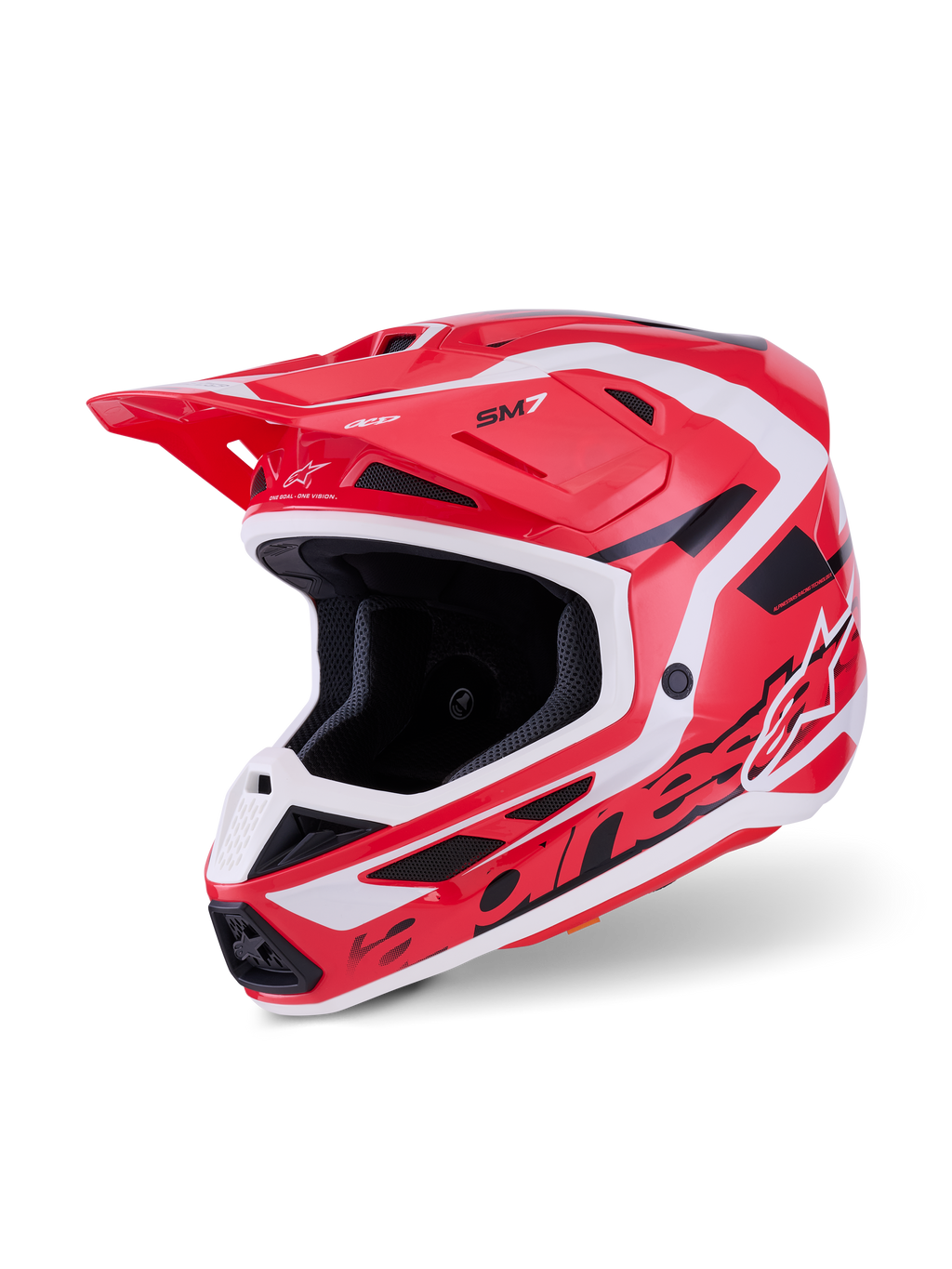 Alpinestars S-M7 Deed Helmet, casco da motocross, rosso, nero e bianco lucido, caratterizzato da una calotta aerodinamica affusolata con branding audace, prese di ventilazione integrate e visiera protettiva per gare off-road