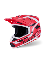 Alpinestars S-M7 Deed Helmet, casco da motocross, rosso, nero e bianco lucido, caratterizzato da una calotta aerodinamica affusolata con branding audace, prese di ventilazione integrate e visiera protettiva per gare off-road