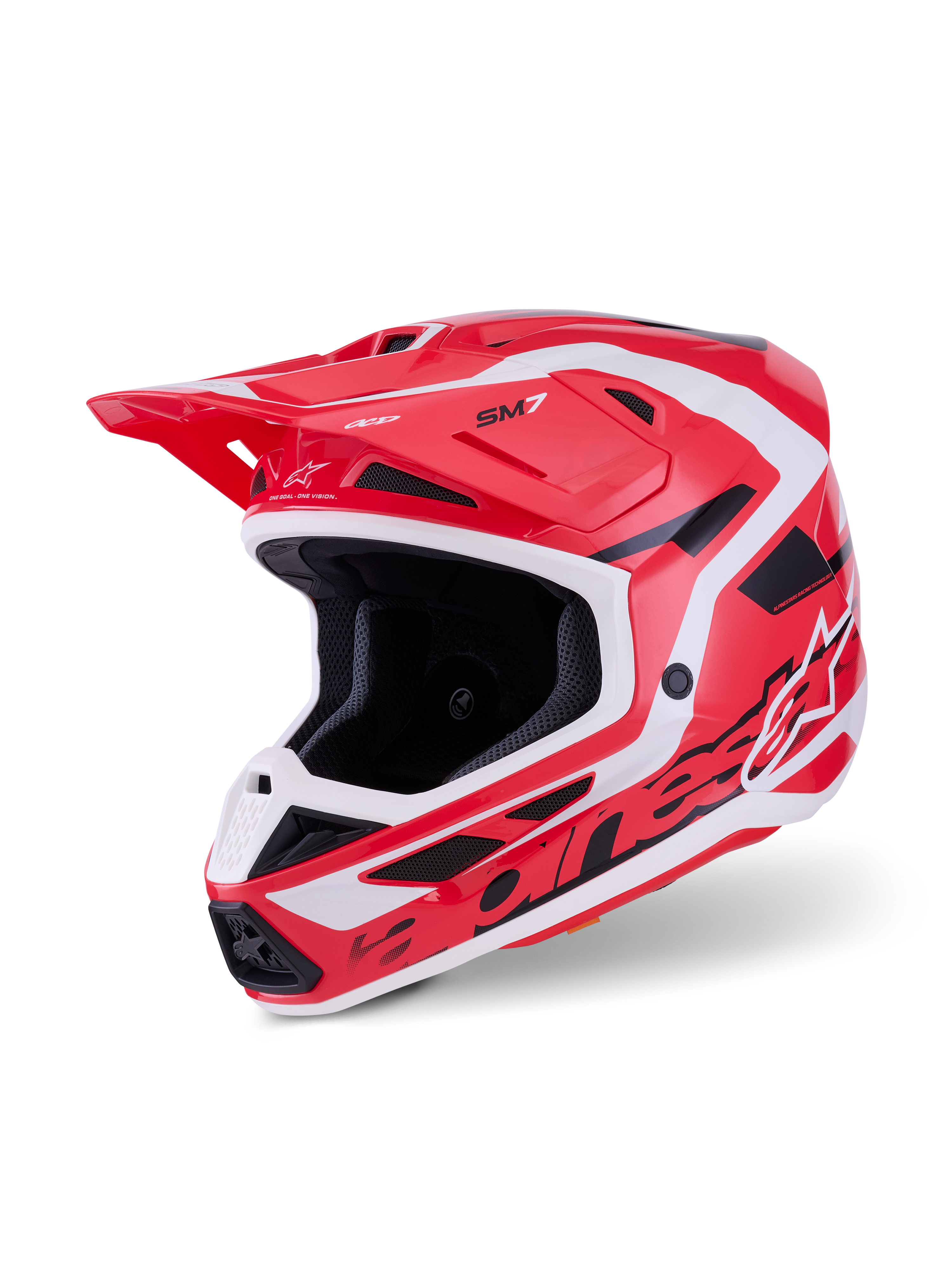 Alpinestars S-M7 Deed Helmet, casco da motocross, rosso, nero e bianco lucido, caratterizzato da una calotta aerodinamica affusolata con branding audace, prese di ventilazione integrate e visiera protettiva per gare off-road
