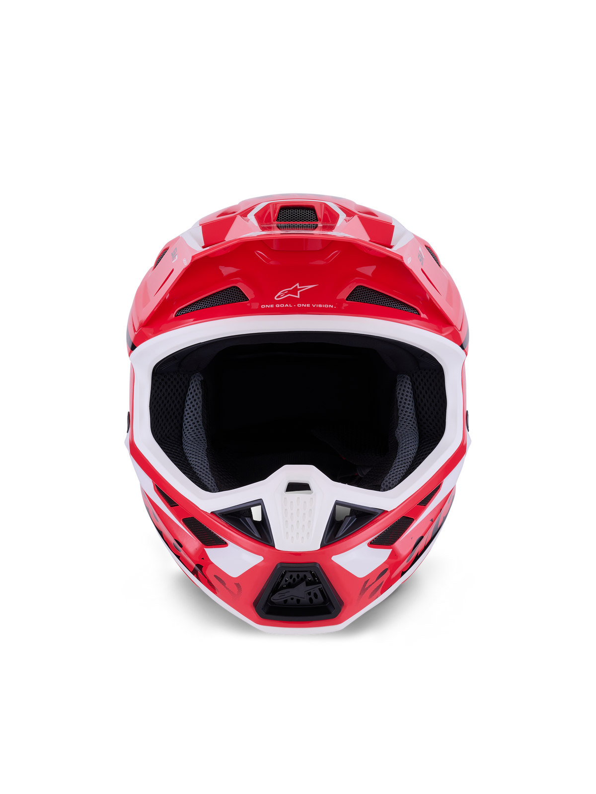 Casco Alpinestars S-M7 Deed, casco da motocross, rosso nero e bianco lucido, vista frontale con ampia apertura oculare e mentoniera ventilata, con logo e motto Alpinestars sulla visiera, progettato per la protezione nelle gare fuoristrada