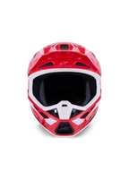 Casco Alpinestars S-M7 Deed, casco da motocross, rosso nero e bianco lucido, vista frontale con ampia apertura oculare e mentoniera ventilata, con logo e motto Alpinestars sulla visiera, progettato per la protezione nelle gare fuoristrada