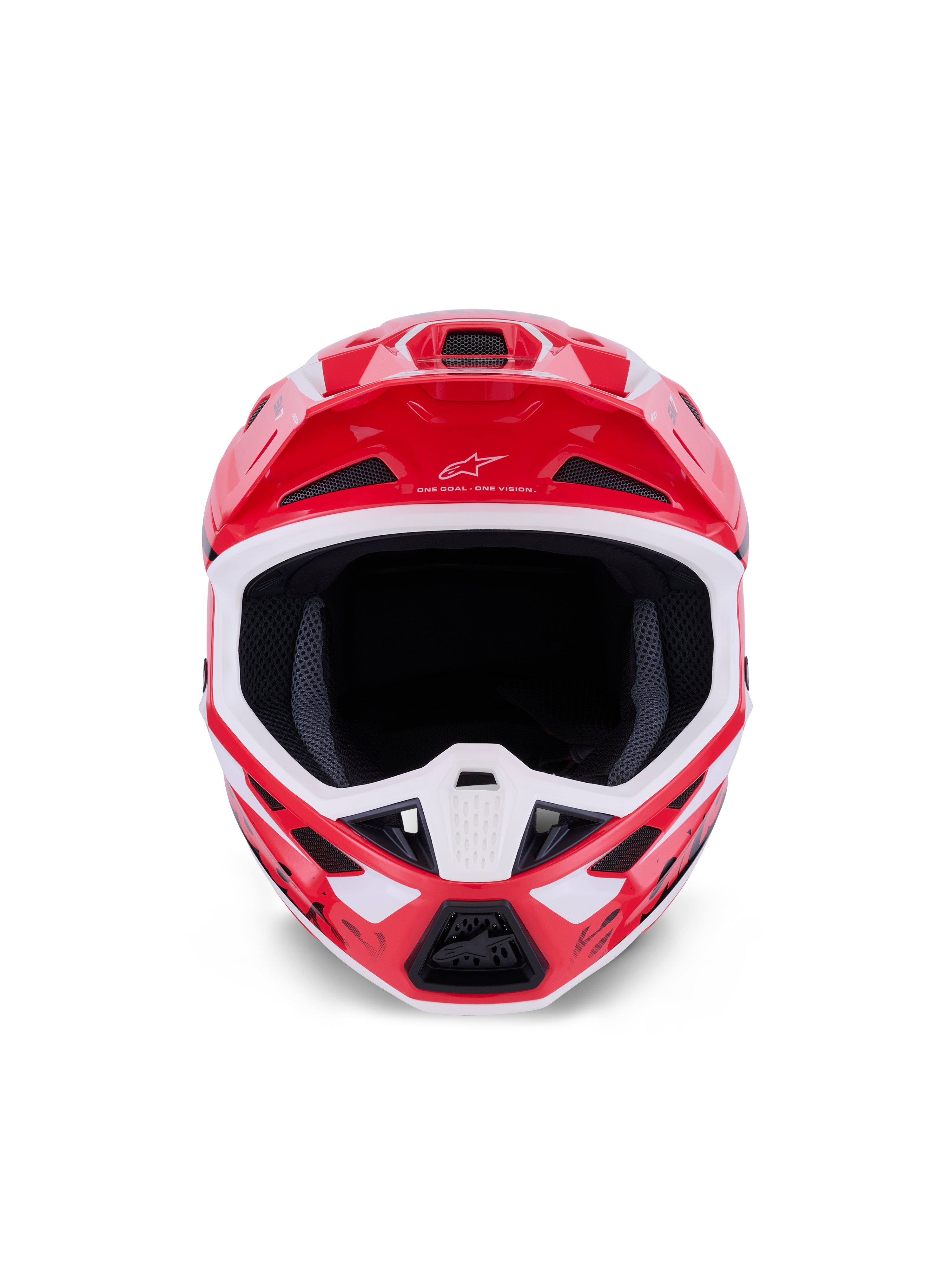 Casco Alpinestars S-M7 Deed, casco da motocross, rosso nero e bianco lucido, vista frontale con ampia apertura oculare e mentoniera ventilata, con logo e motto Alpinestars sulla visiera, progettato per la protezione nelle gare fuoristrada
