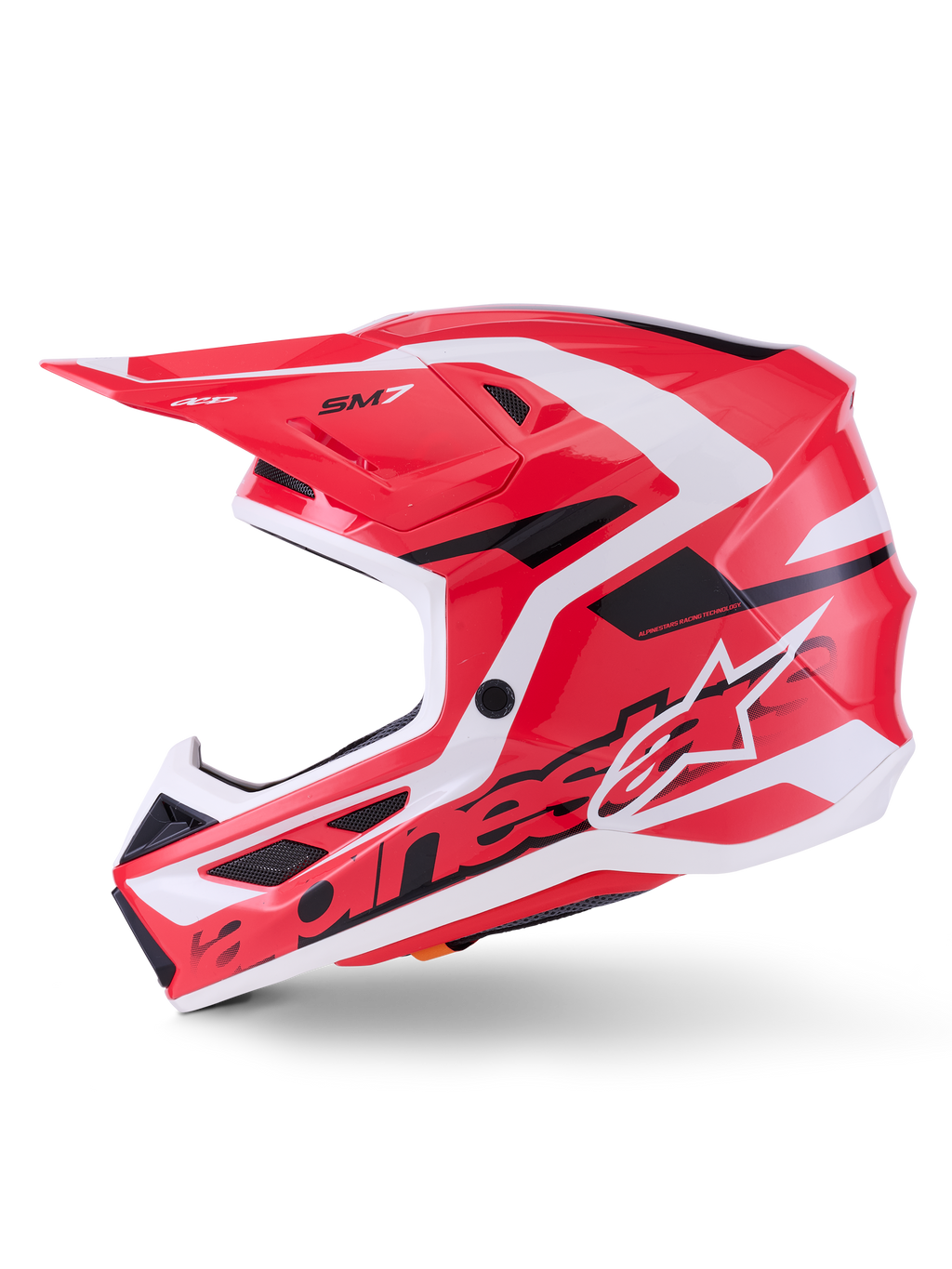Alpinestars S-M7 Deed Helmet ECE 22.06, casco da motocross, rosso, nero e bianco lucido, vista di profilo laterale che mostra la calotta in composito aerodinamico, le prese d'aria e il marchio Alpinestars, progettato per la protezione nelle corse off-road