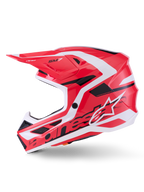 Alpinestars S-M7 Deed Helmet ECE 22.06, casco da motocross, rosso, nero e bianco lucido, vista di profilo laterale che mostra la calotta in composito aerodinamico, le prese d'aria e il marchio Alpinestars, progettato per la protezione nelle corse off-road