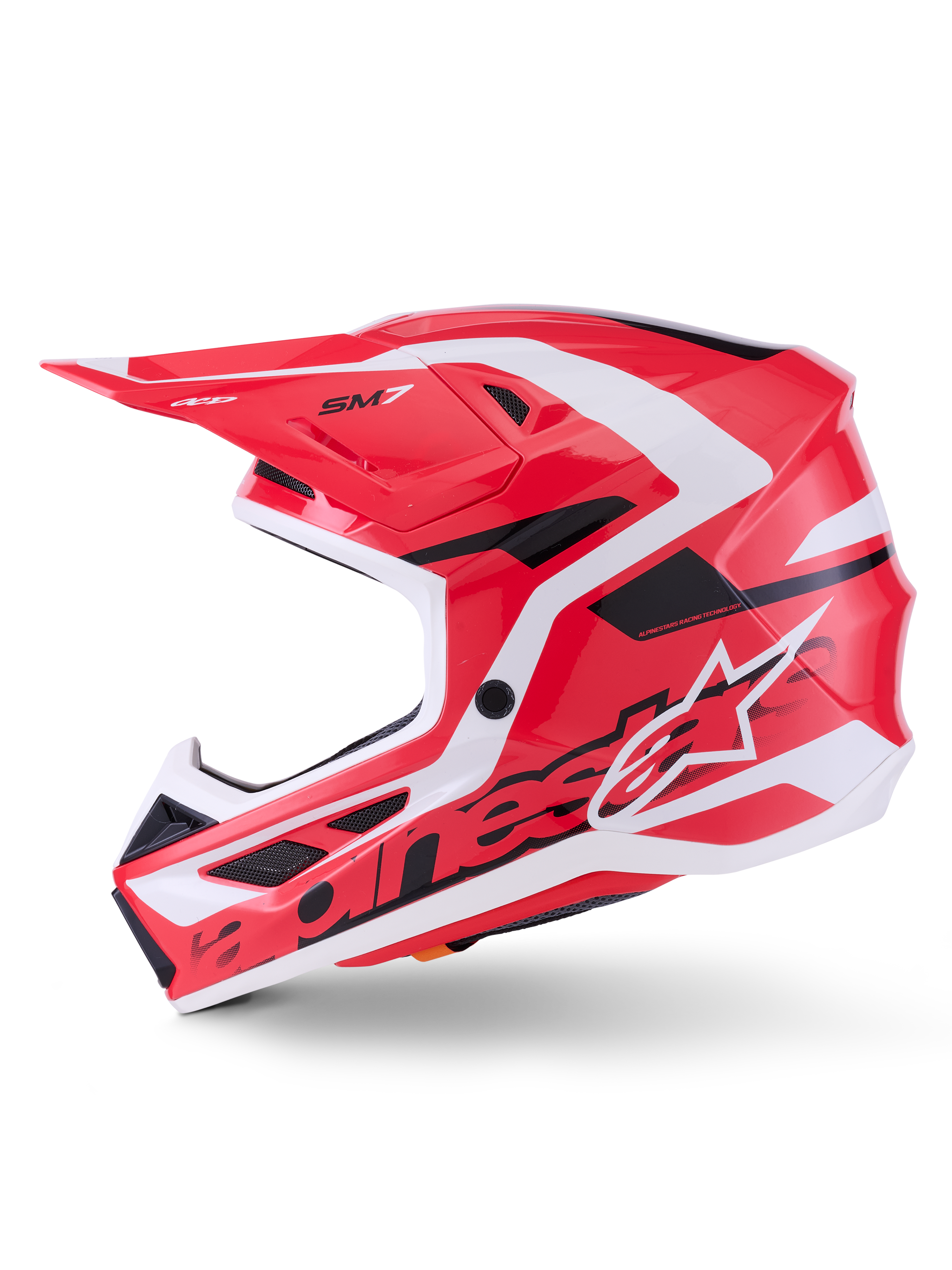 Alpinestars S-M7 Deed Helmet ECE 22.06, casco da motocross, rosso, nero e bianco lucido, vista di profilo laterale che mostra la calotta in composito aerodinamico, le prese d'aria e il marchio Alpinestars, progettato per la protezione nelle corse off-road
