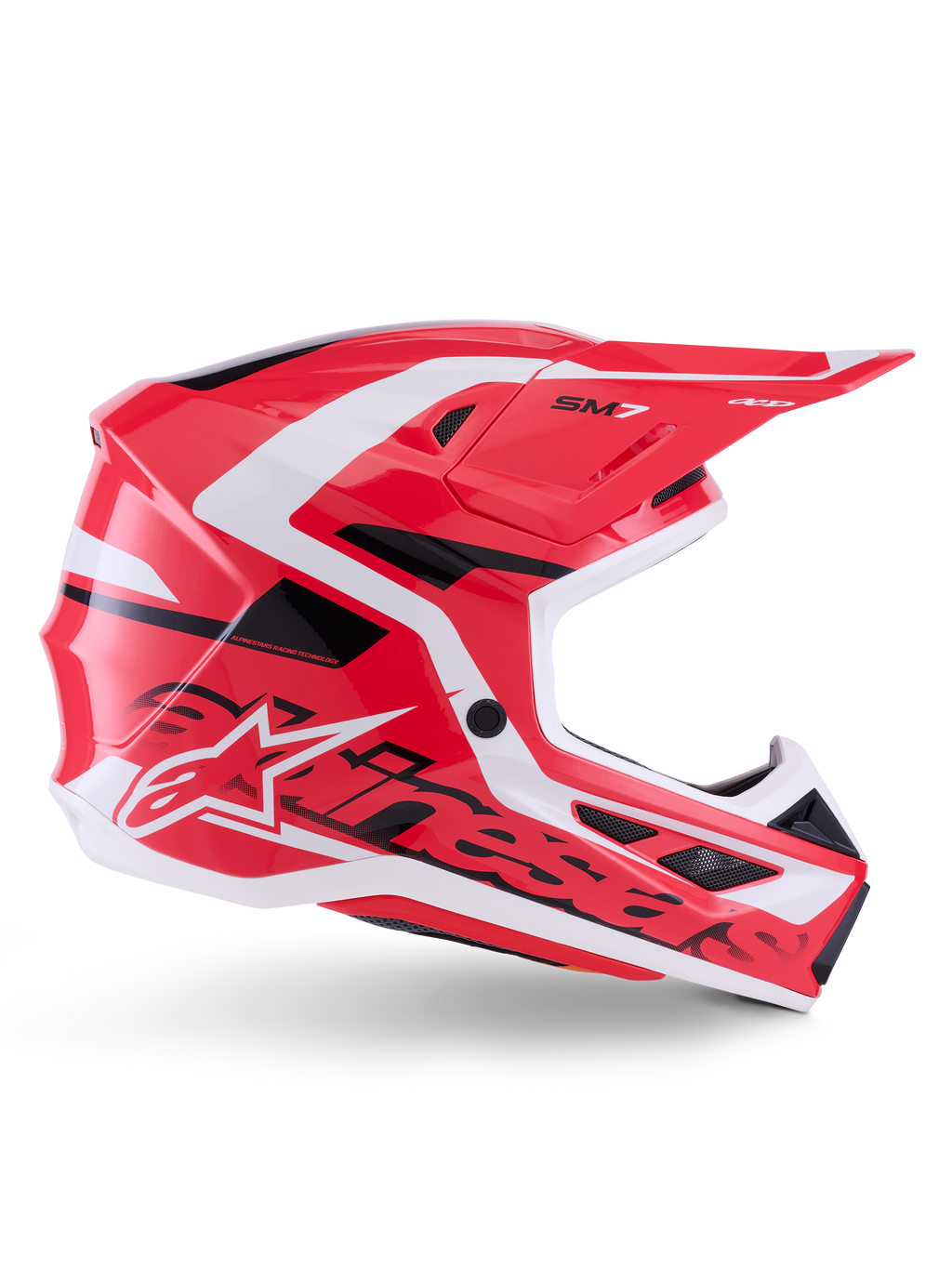 Casco Alpinestars S-M7 Deed, casco da motocross, rosso, nero e bianco lucido, vista di profilo laterale, caratterizzato dal marchio Alpinestars e dal logo SM7, calotta aerodinamica in materiale composito con prese di ventilazione multiple, progettato per il fuoristrada e il motocross