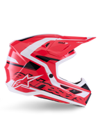 Casco Alpinestars S-M7 Deed, casco da motocross, rosso, nero e bianco lucido, vista di profilo laterale, caratterizzato dal marchio Alpinestars e dal logo SM7, calotta aerodinamica in materiale composito con prese di ventilazione multiple, progettato per il fuoristrada e il motocross