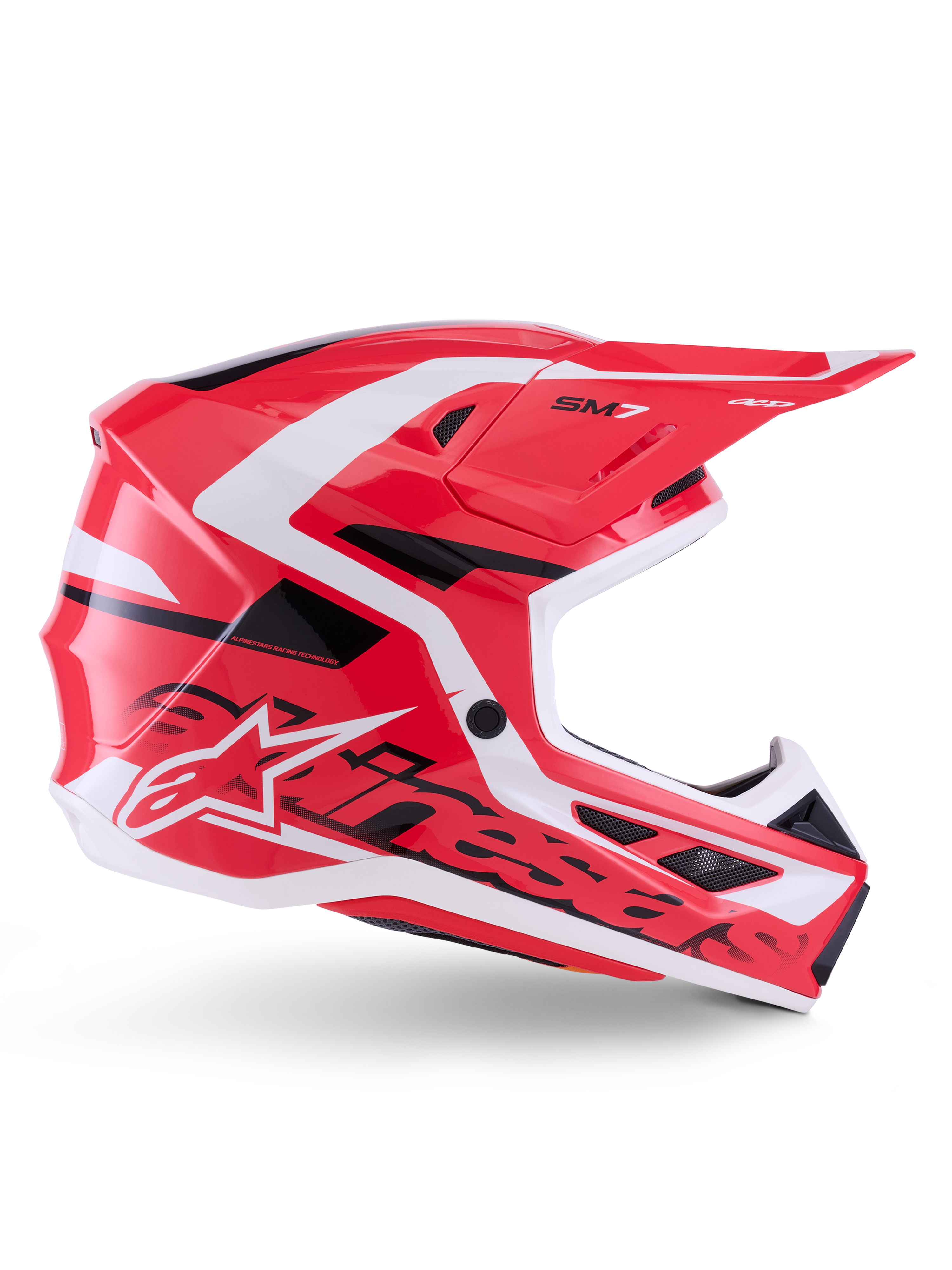 Casco Alpinestars S-M7 Deed, casco da motocross, rosso, nero e bianco lucido, vista di profilo laterale, caratterizzato dal marchio Alpinestars e dal logo SM7, calotta aerodinamica in materiale composito con prese di ventilazione multiple, progettato per il fuoristrada e il motocross