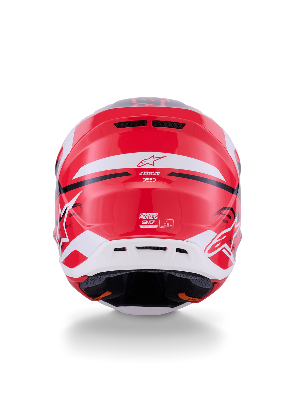 Casco Alpinestars S-M7 Deed, vista posteriore, rosso, nero e bianco lucido, con calotta aerodinamica in composito, prese d'aria posteriori e marchio Alpinestars, protezione professionale per la testa da motocross