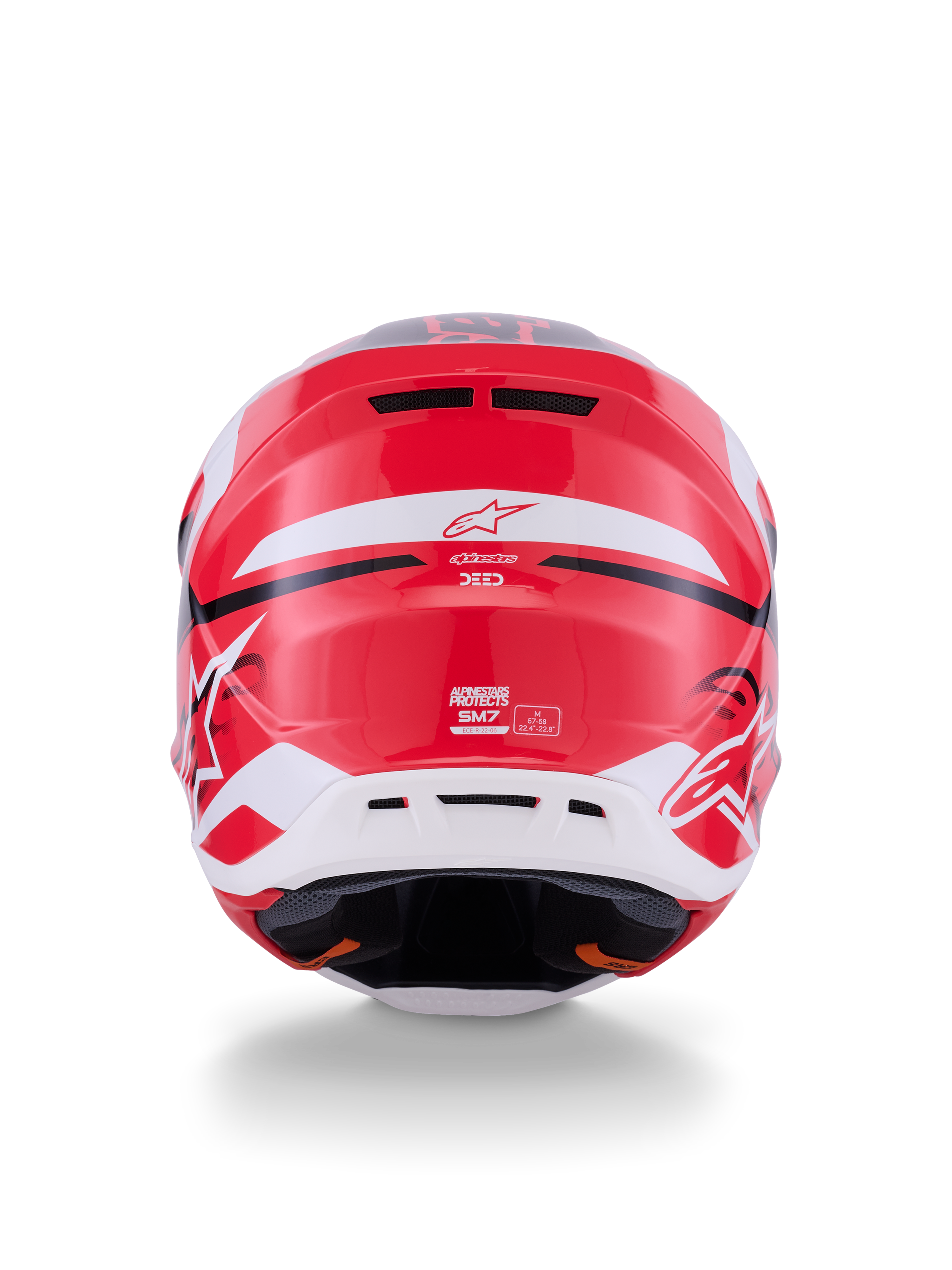 Casco Alpinestars S-M7 Deed, vista posteriore, rosso, nero e bianco lucido, con calotta aerodinamica in composito, prese d'aria posteriori e marchio Alpinestars, protezione professionale per la testa da motocross